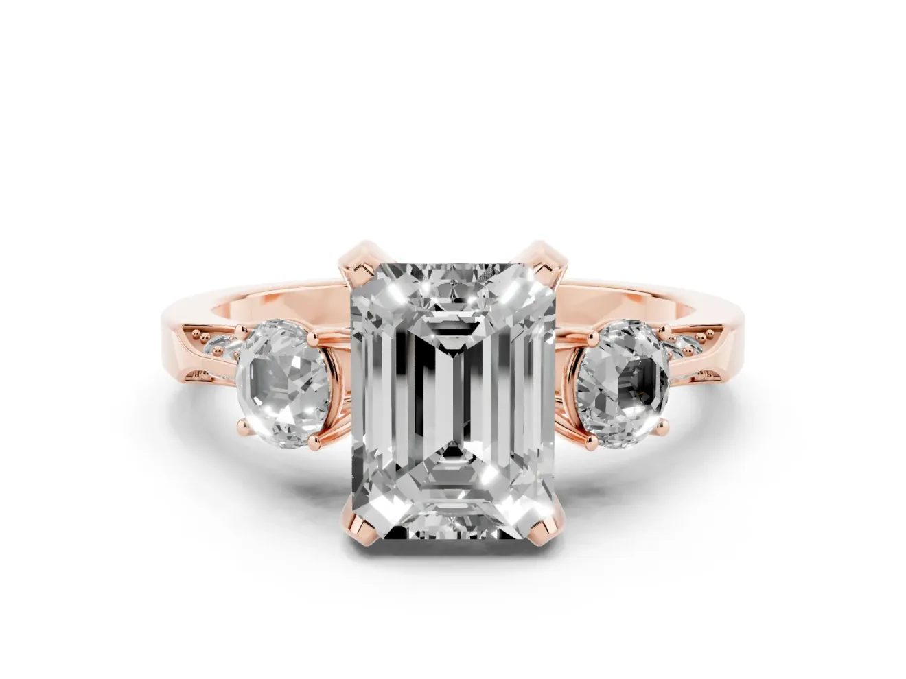 Emerald Cut Hidden Halo Three Stone Engagement Ring Setting for a Black Center | Rose Gold