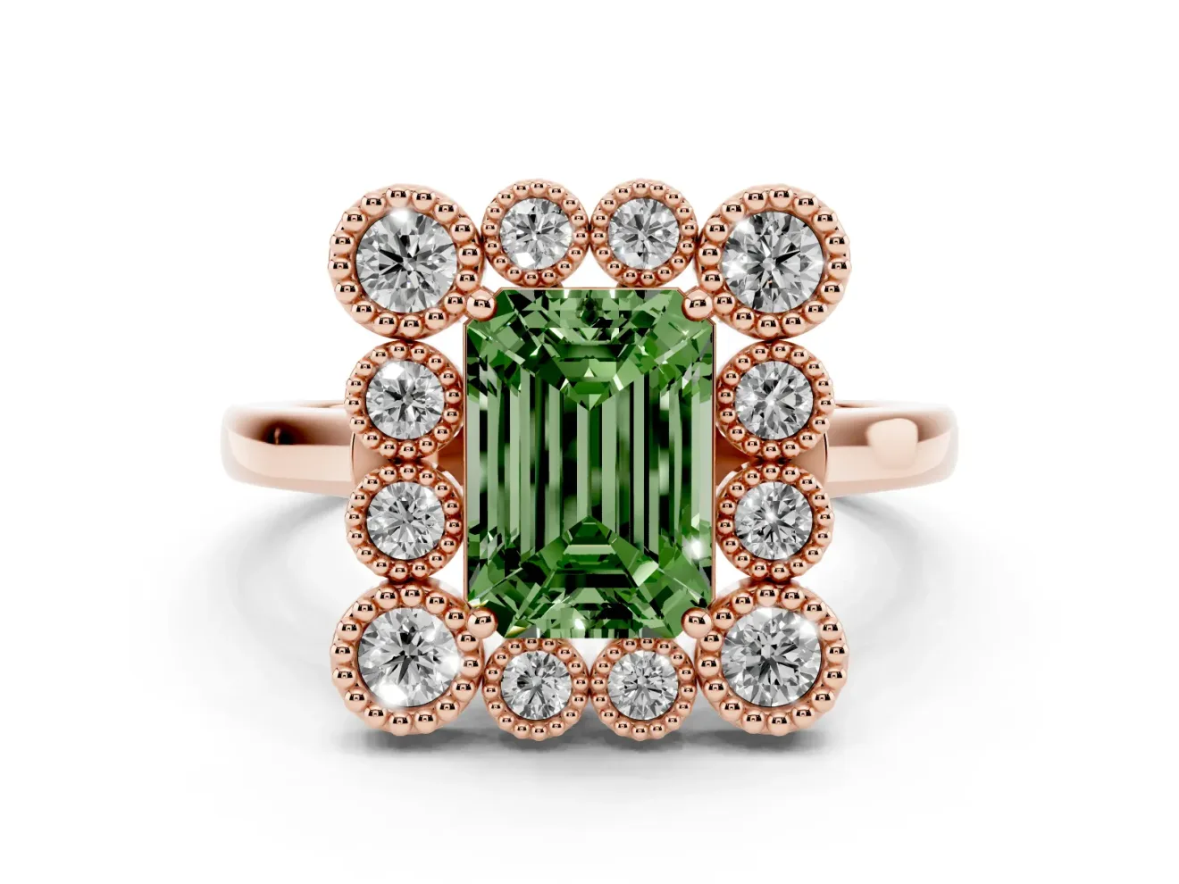 Emerald Cut Milgrain Cluster Halo Engagement Ring Setting for a Fancy Green Lab-Grown Diamond | Plain Band | Rose Gold
