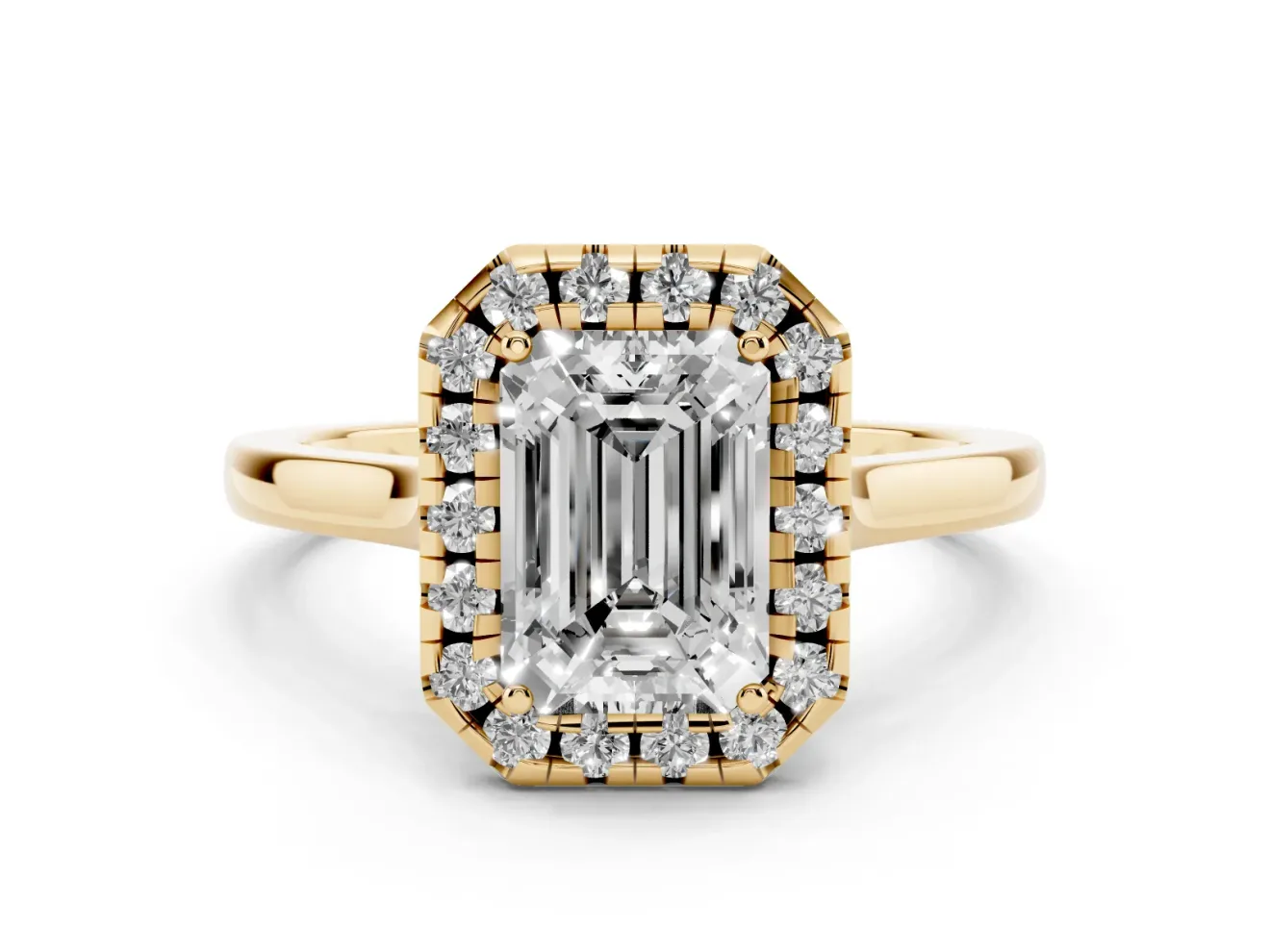 Emerald Cut Halo Round Diamond Solitaire Ring Set in Yellow gold with Pavé Band and Prong Setting
