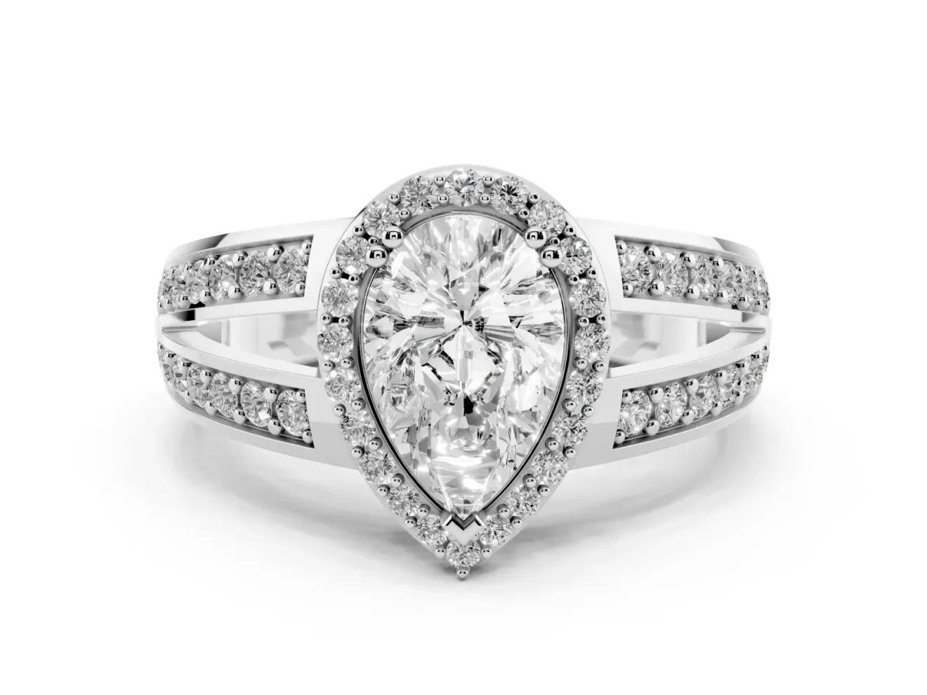 Pear-Shaped Halo Engagement Ring Setting | Two-Row Pave Split Shank | White Gold