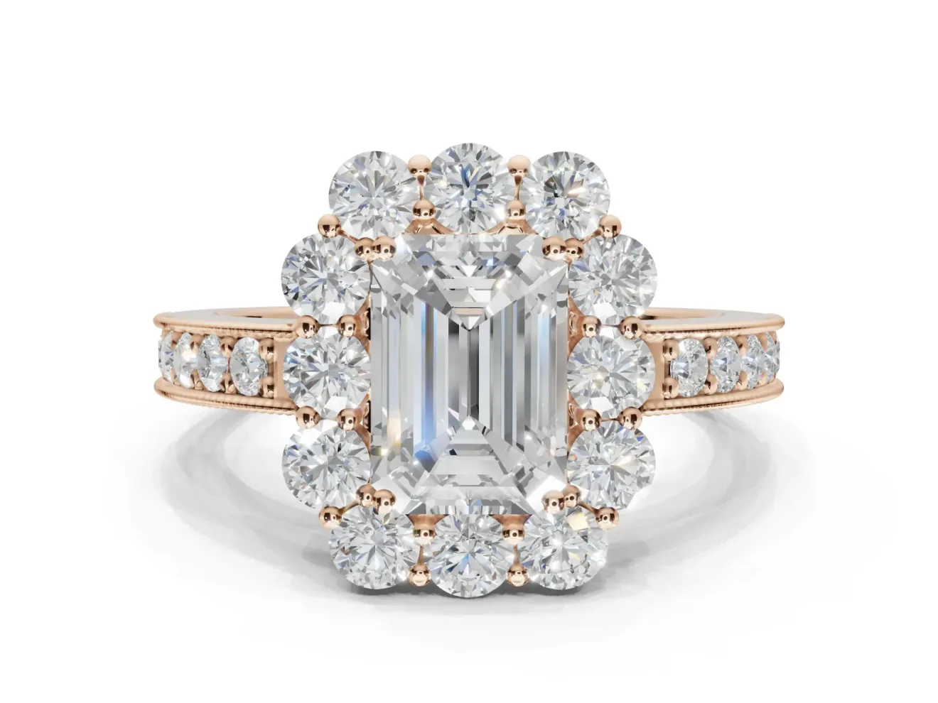 Emerald Cut Vintage Halo Engagement Ring Setting | Milgrain Channel Band | Rose Gold