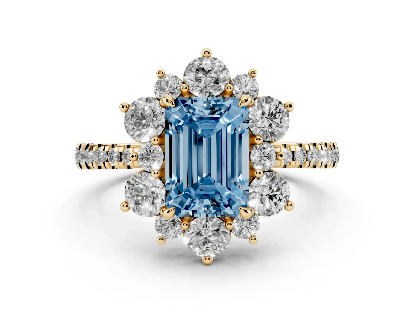 Fancy Blue Emerald Cut Diamond Floral Halo Ring Set in Yellow gold with Round Pavé Band and Prong Setting