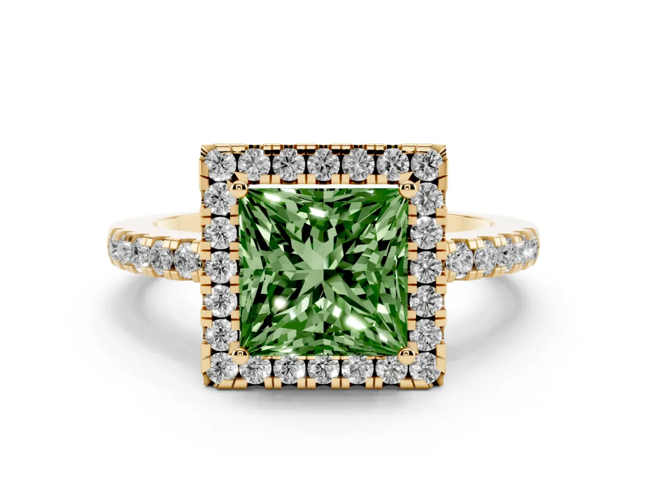 Fancy Green Princess Cut Diamond Pavé Band Halo Engagement Ring Set in Yellow gold with Prong Setting