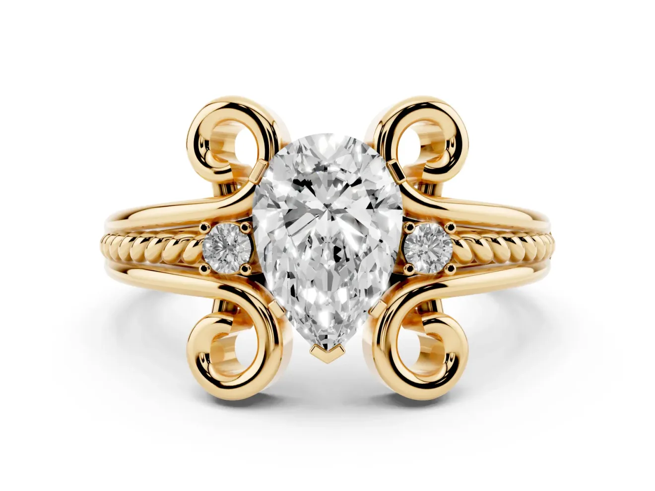 Pear-Shaped Scroll Solitaire Engagement Ring Setting | Rope Twist Band | Yellow Gold
