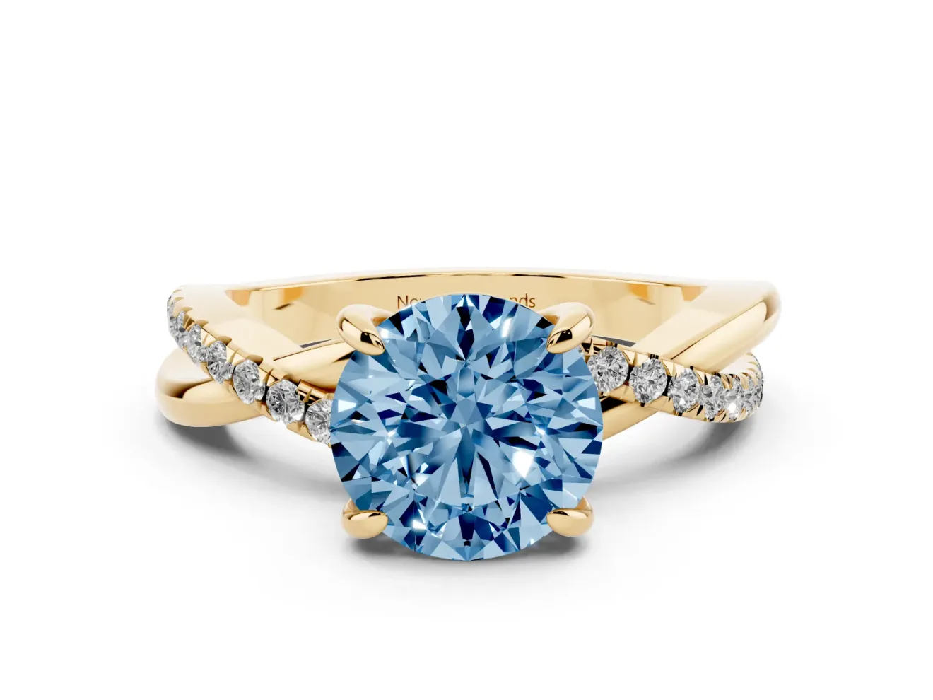 Fancy Blue Round Cut Diamond Twist Band Solitaire Set in Yellow gold with Pavé Accents and Prong Setting
