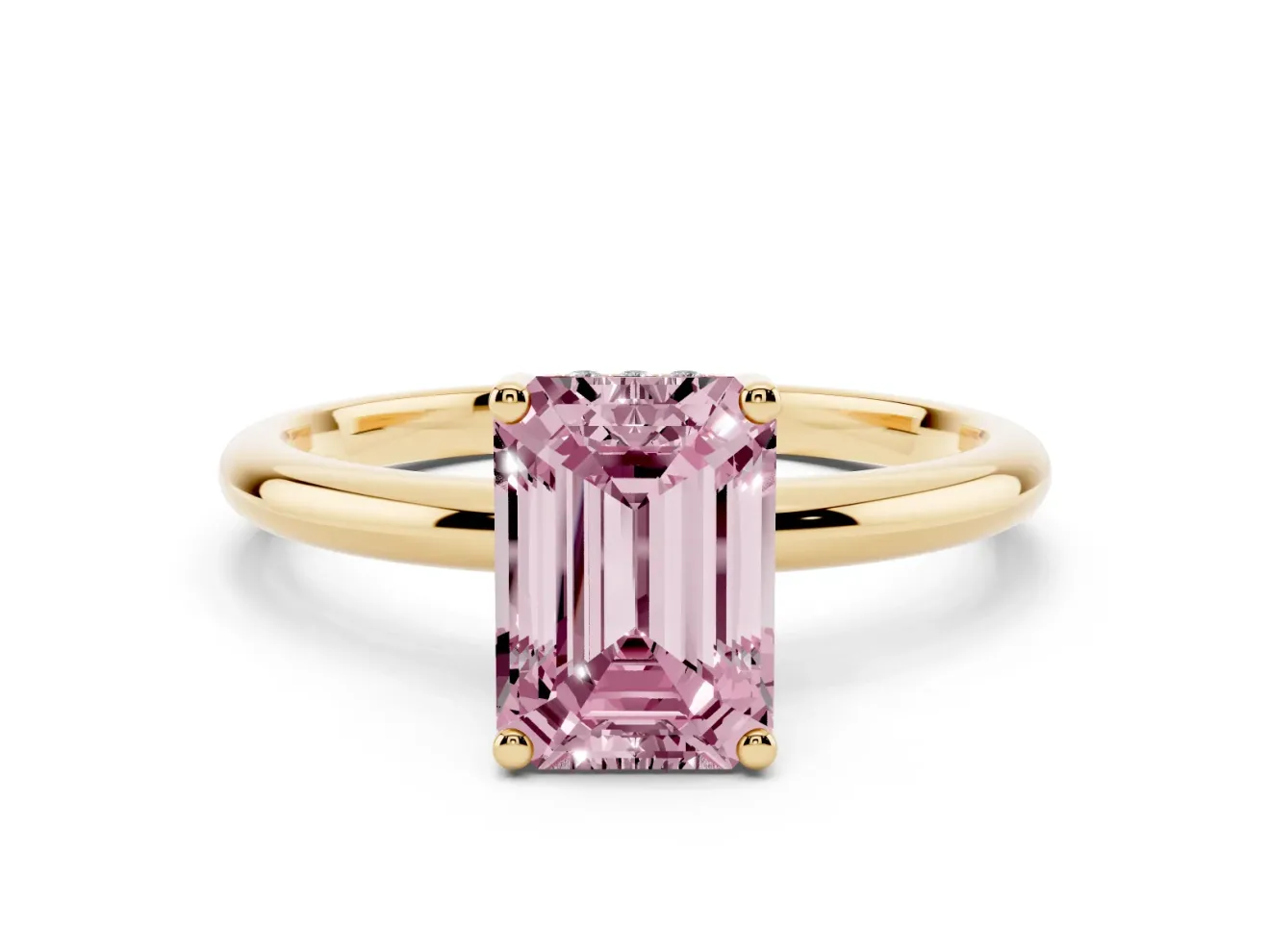 Emerald Cut Hidden Halo Engagement Ring Setting for a Fancy Pink Lab-Grown Diamond | Plain Band | Yellow Gold