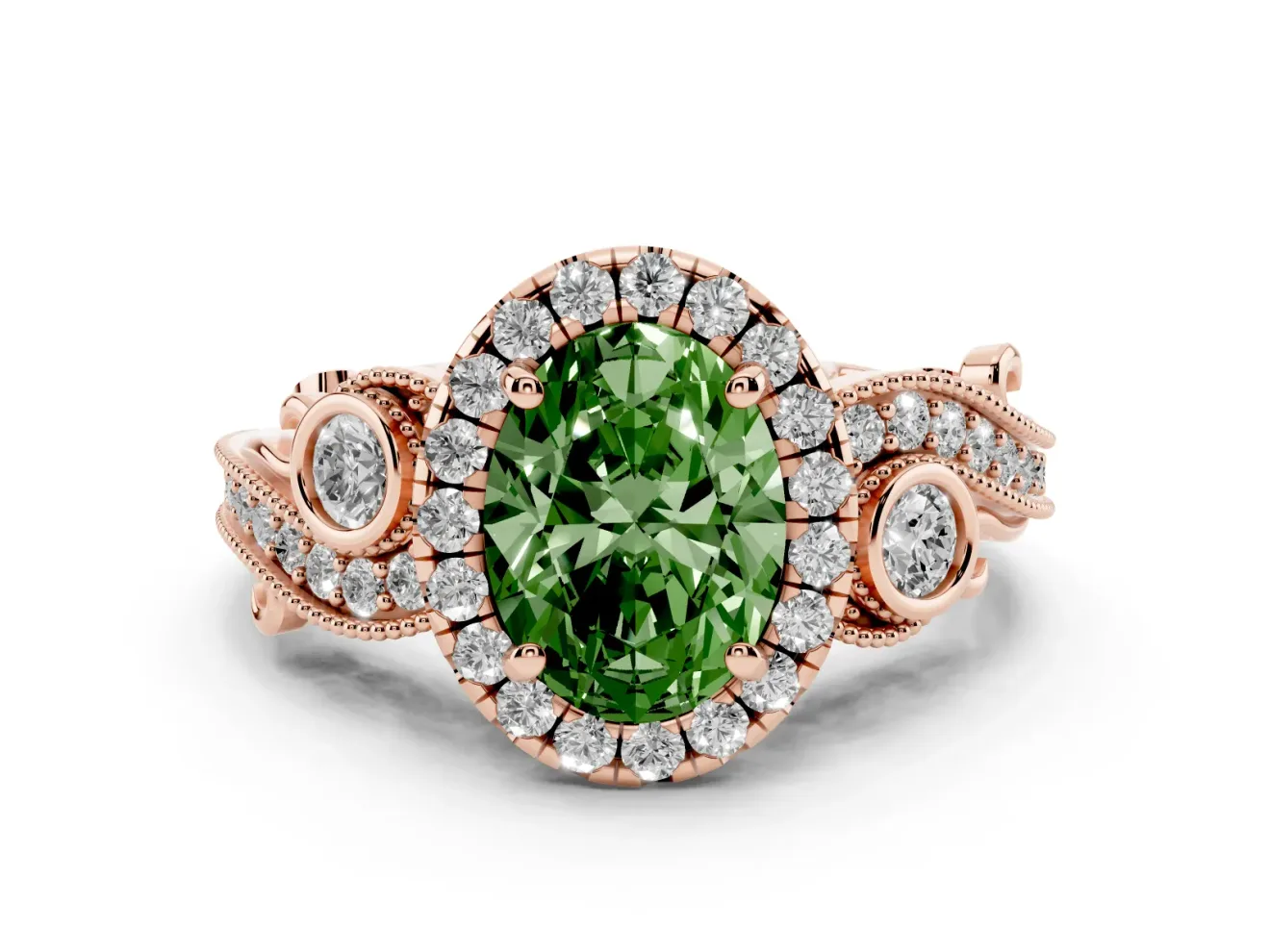 Fancy Green Oval Cut Diamond Halo Ring Set in Rose gold with Milgrain Pavé Band and Prong Setting