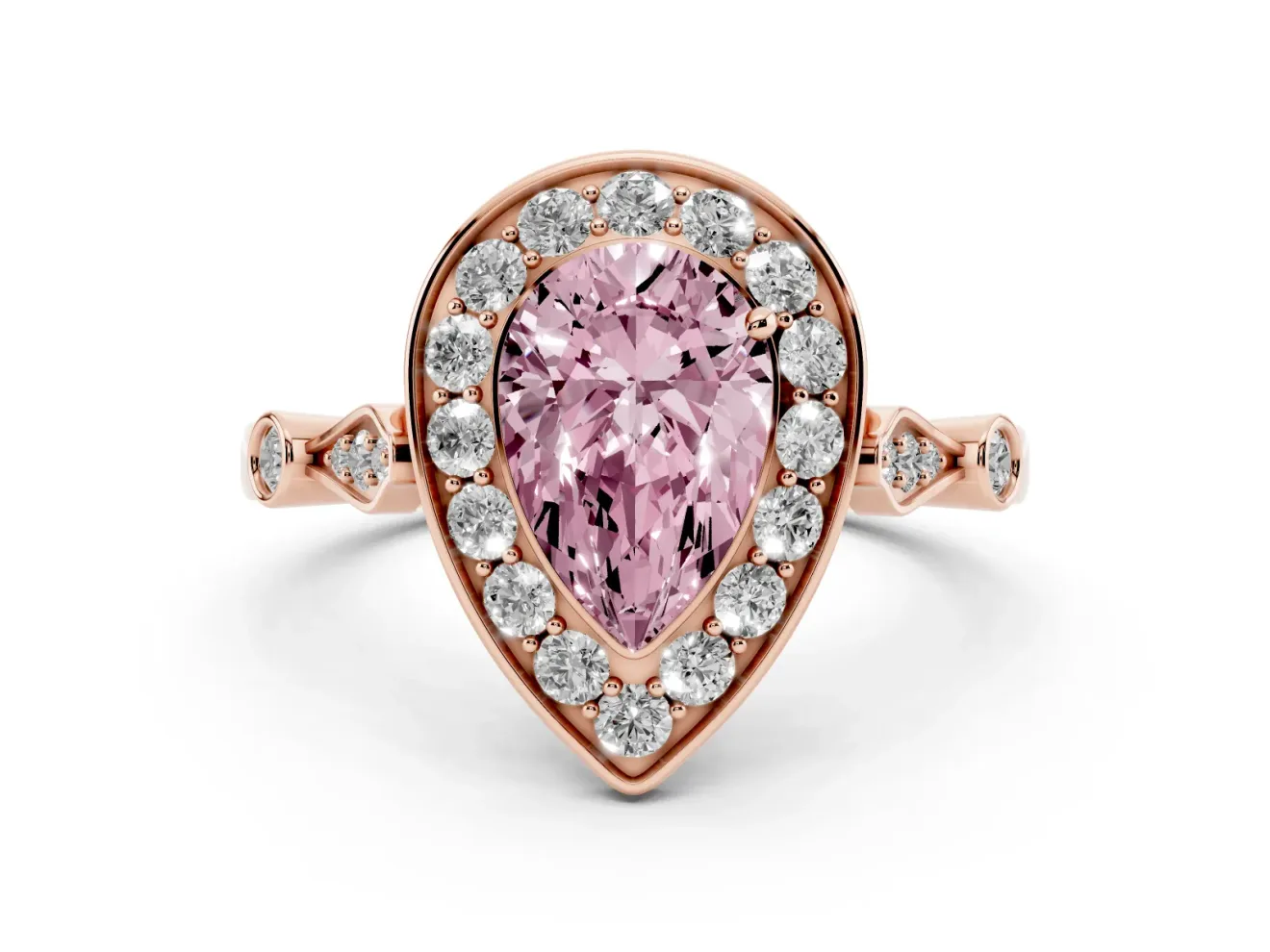 Pear-Shaped Halo Engagement Ring Setting for a Fancy Pink Lab-Grown Diamond | Bezel Station Shoulders | Rose Gold