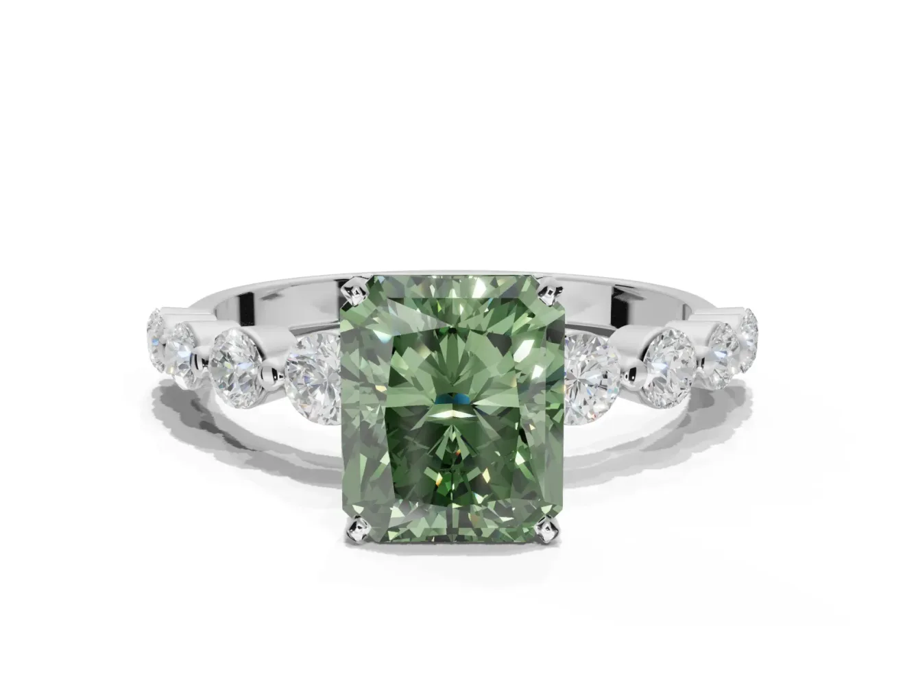 Radiant Cut Graduated Side Stone Engagement Ring Setting for a Fancy Green Lab-Grown Diamond | Platinum