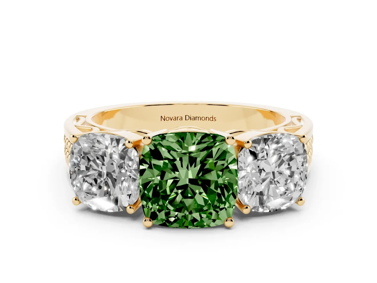 Fancy Green Cushion Cut Diamond Three-Stone Ring Set in Yellow gold with Textured Band