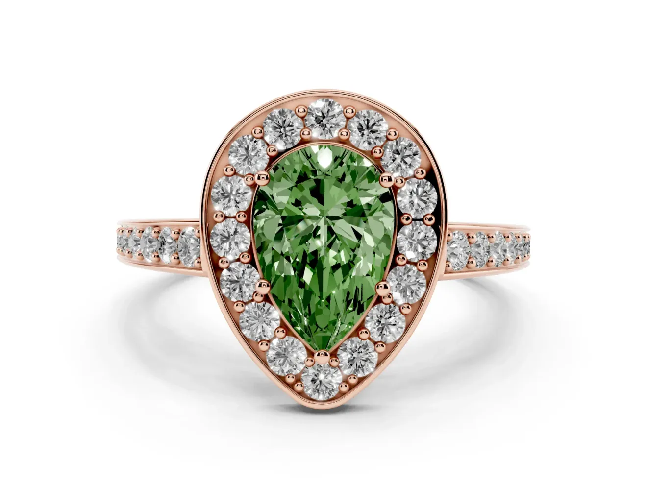 Fancy Green Pear Cut Diamond Halo Pavé Engagement Ring Set in Rose gold with Bezel Setting