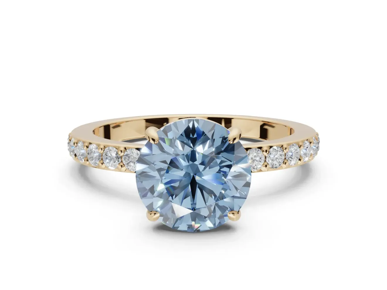 Round Hidden Halo Engagement Ring Setting for a Fancy Blue Lab-Grown Diamond | Pavé Band | Yellow Gold