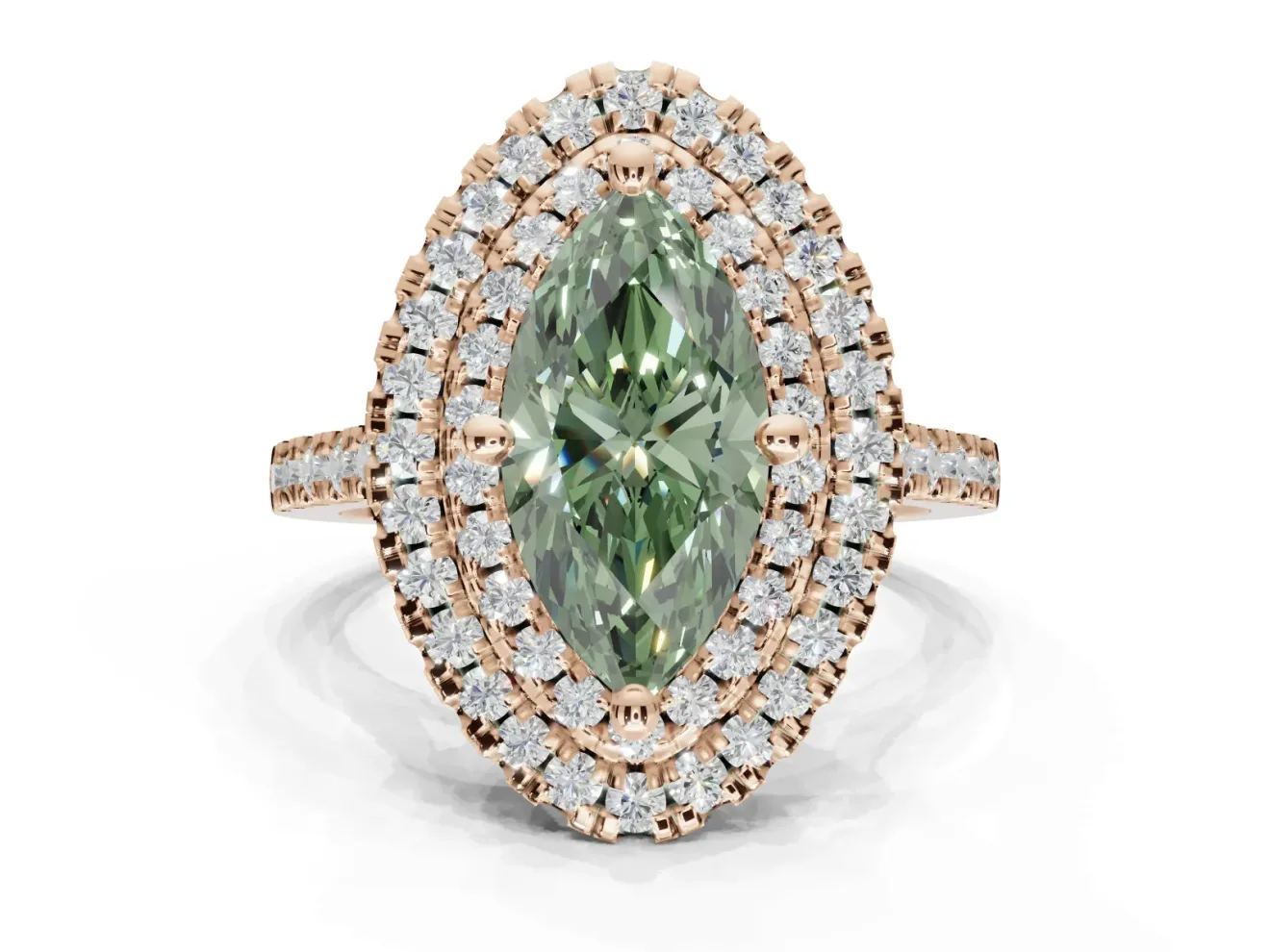 Fancy Green Marquise Lab-Grown Diamond Double Halo Statement Ring Set in Rose Gold with Pavé Band