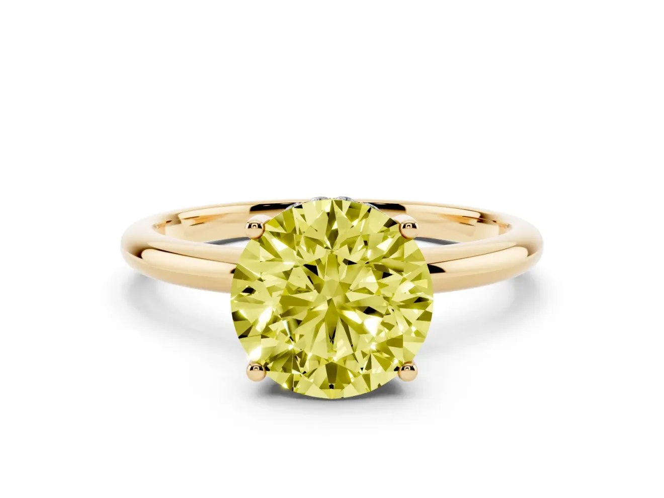 Fancy Yellow Round Cut Diamond Solitaire Engagement Ring Set in Yellow gold with Prong Setting and Polished Band