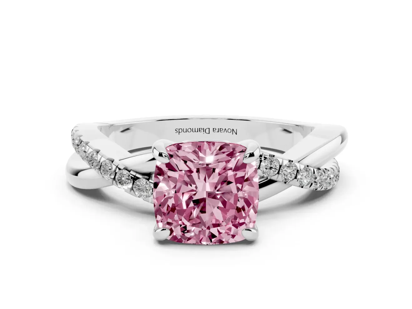 Fancy Pink Cushion Cut Diamond Twist Band Solitaire Set in Silver with Pavé Accents and Prong Setting
