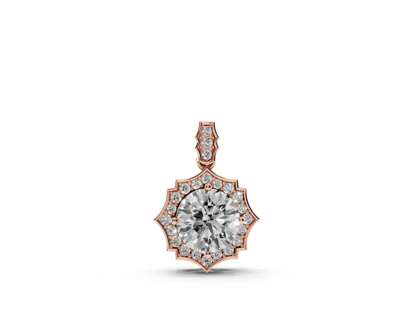 Round Lab-Grown Diamond Pointed Halo Pendant Necklace | Pavé Bail | Rose Gold