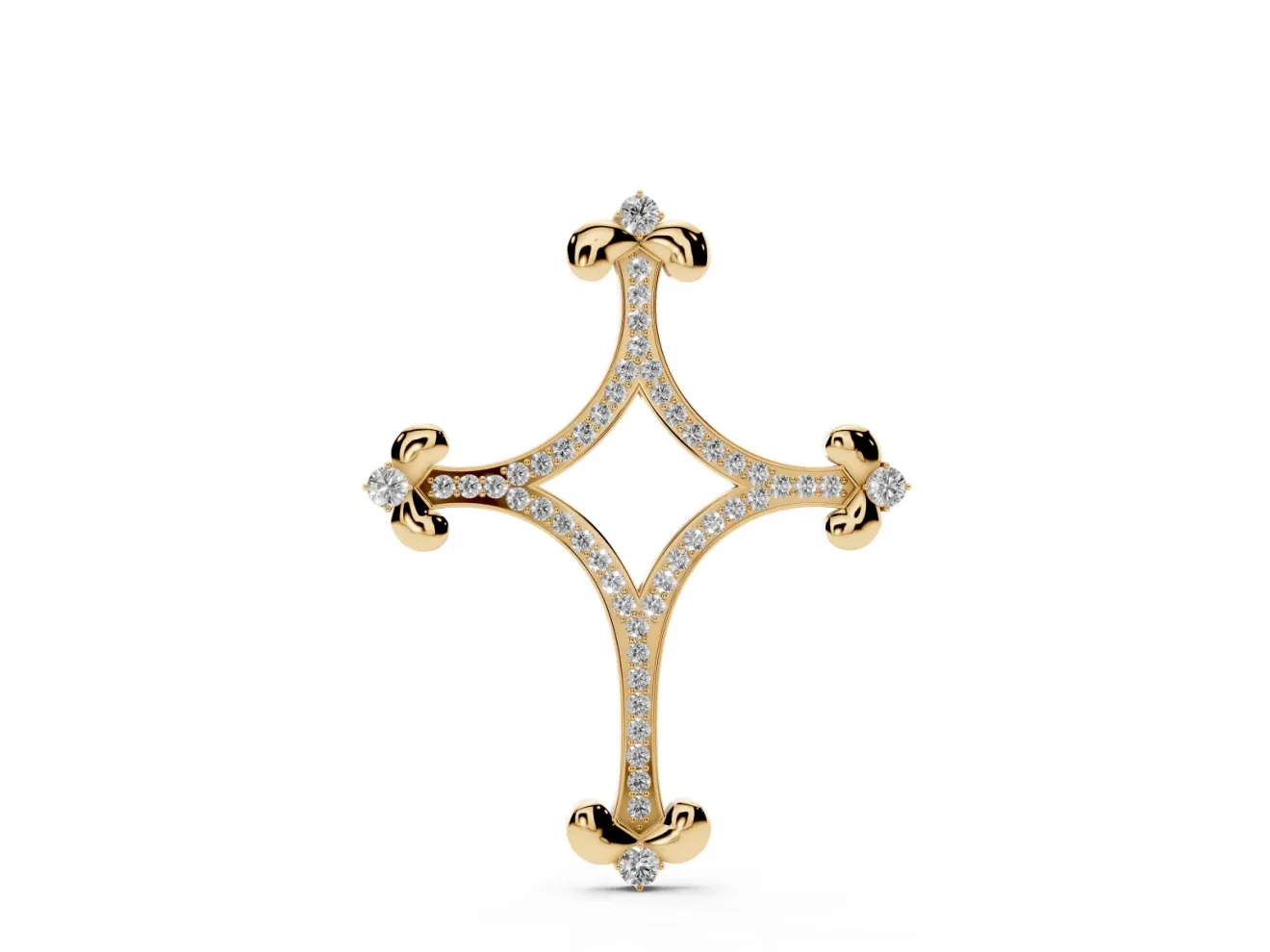 Round Lab-Grown Diamond Pavé Open Cross Pendant Necklace | Fleur-de-Lis Tips | Yellow Gold