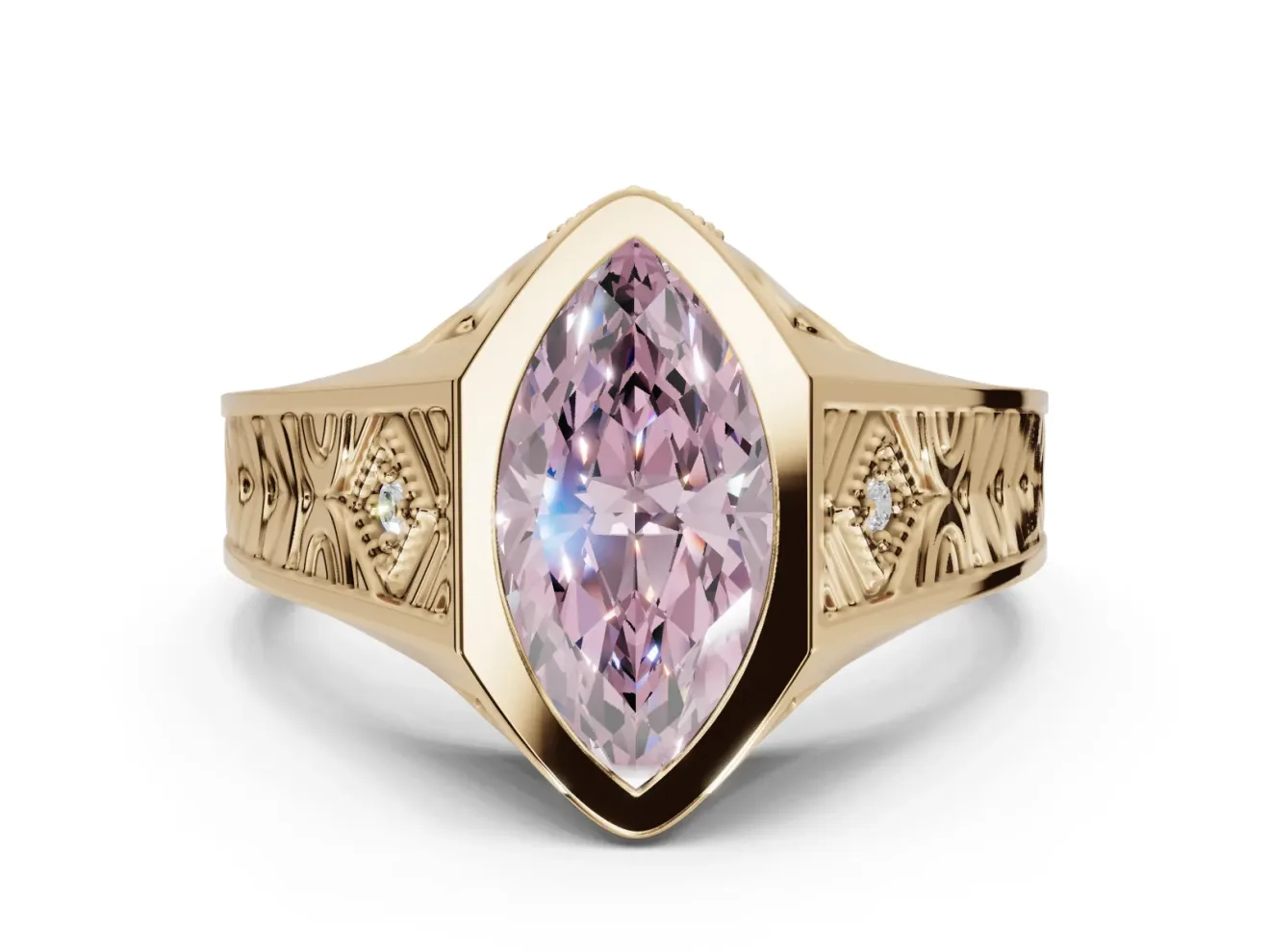 Marquise Vintage Bezel Engagement Ring Setting for a Fancy Pink Lab-Grown Diamond | Engraved Band | Yellow Gold