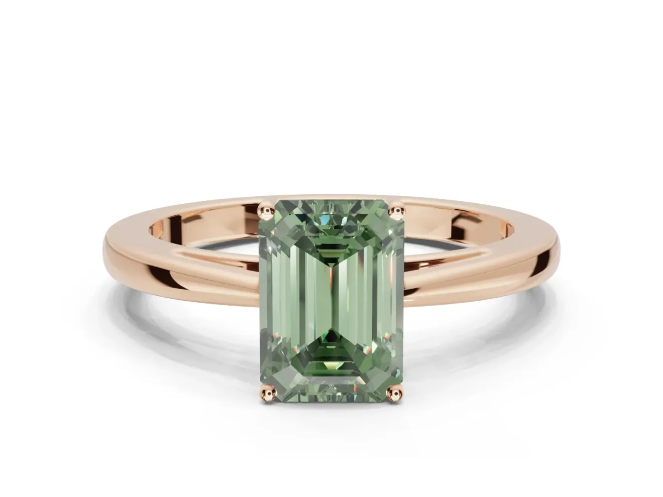Emerald Cut Cathedral Solitaire Engagement Ring Setting for a Fancy Green Lab-Grown Diamond | Open Shoulders | Rose Gold