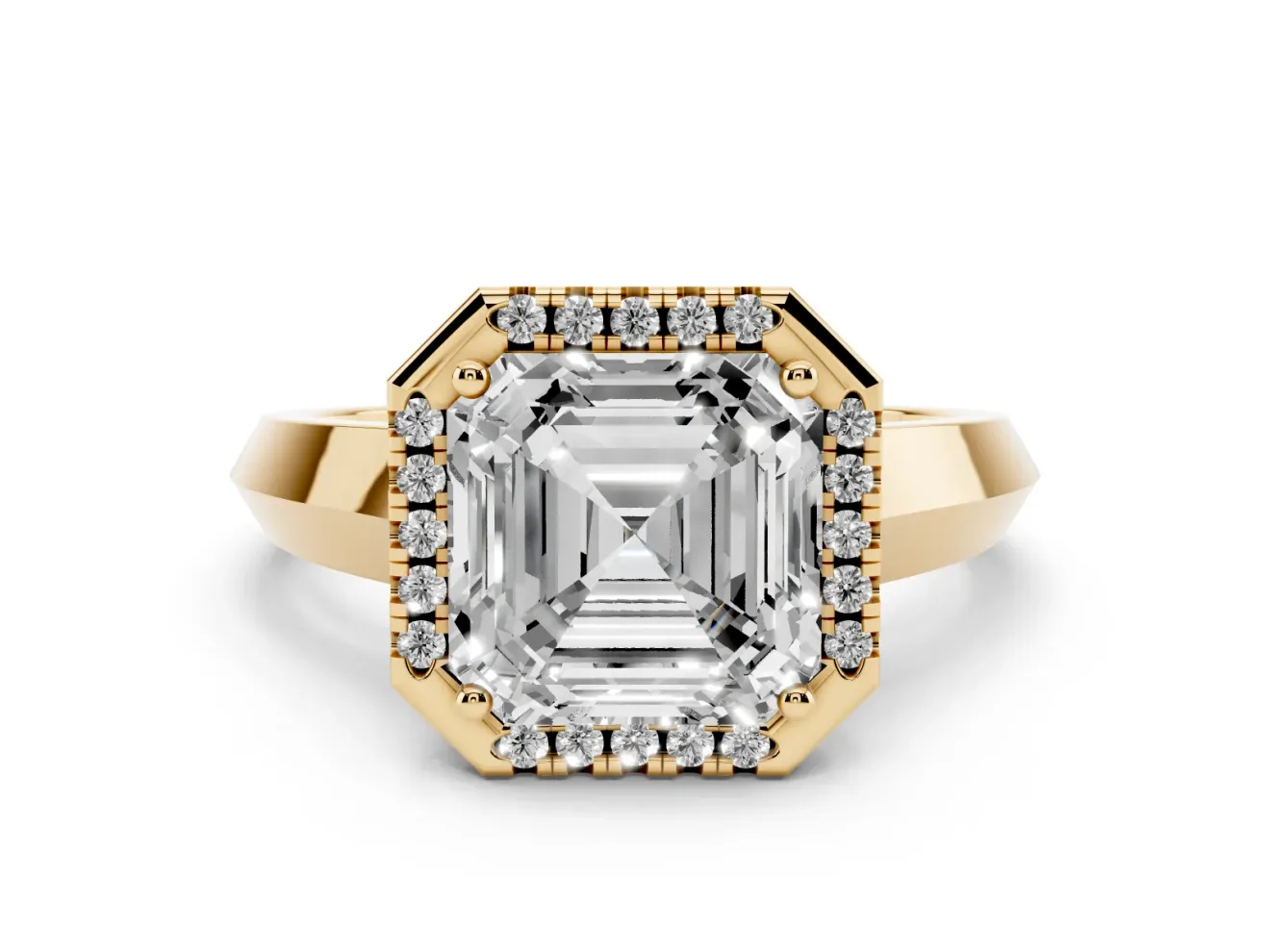 Asscher Cut Diamond Halo Ring Set in Yellow gold with Cathedral Band and Prong Setting