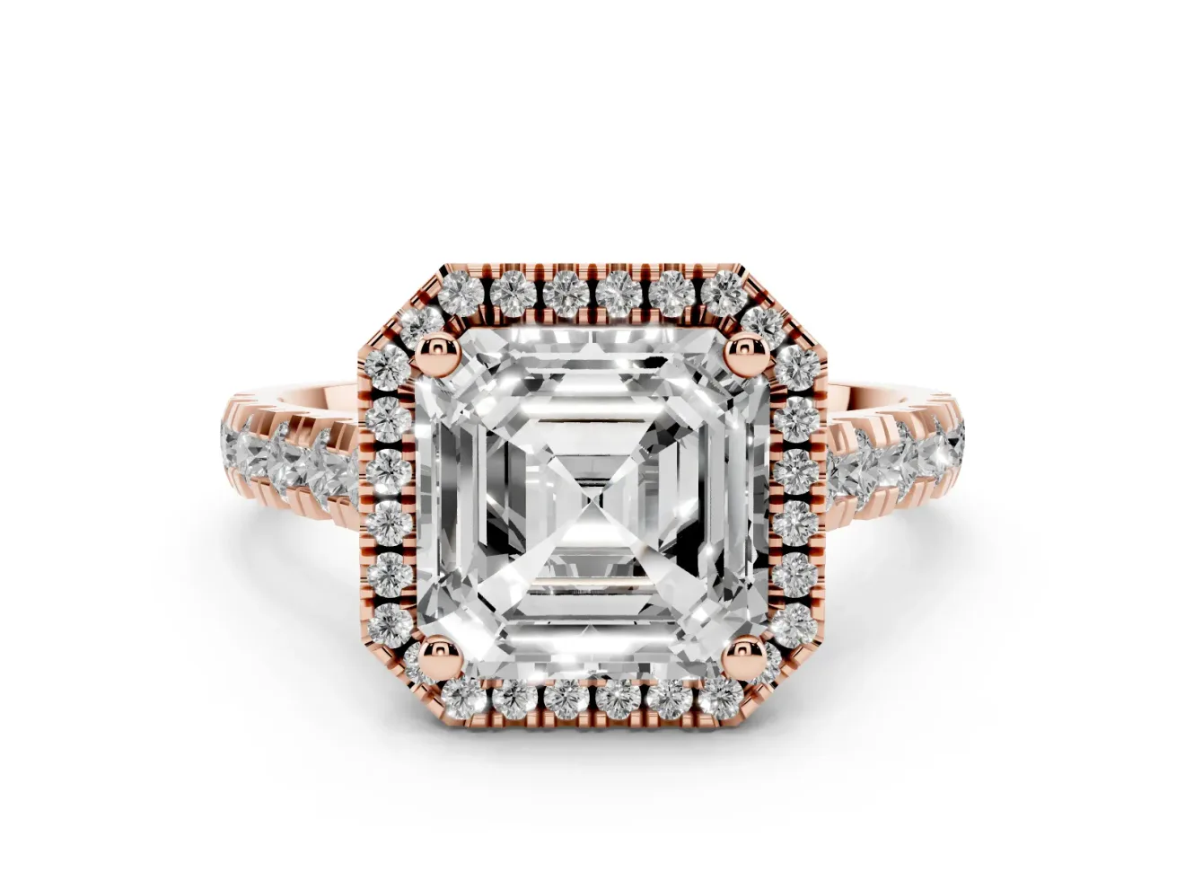 Asscher Cut Halo Engagement Ring Setting | Shared Prong Shoulders | Rose Gold