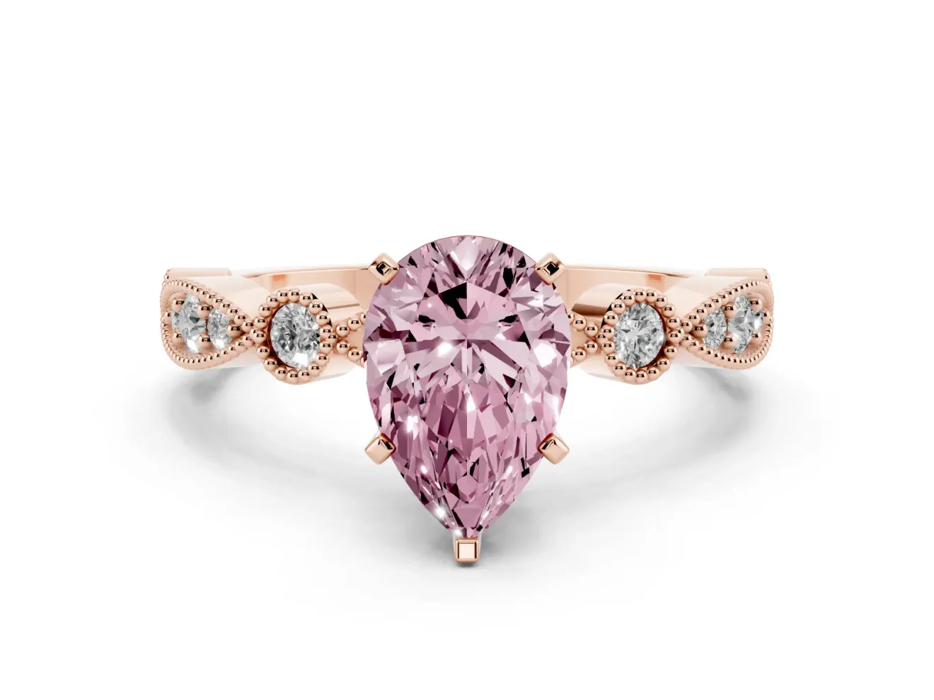 Fancy Pink Pear Cut Diamond Solitaire Engagement Ring Set in Rose gold with Milgrain Bezel Accent Band