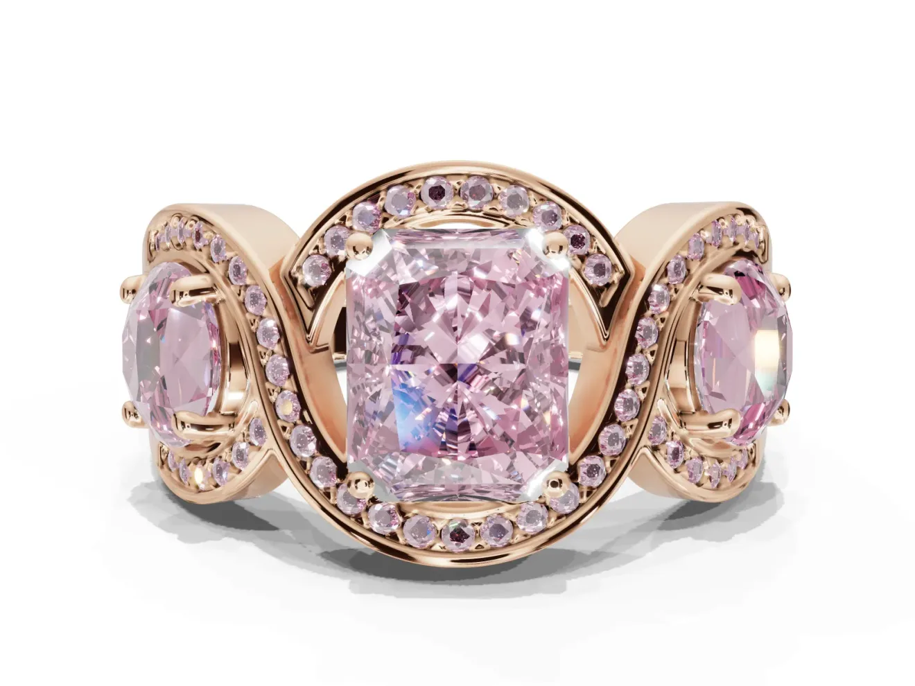 Radiant Cut Three Stone Halo Engagement Ring Setting for a Fancy Pink Lab-Grown Diamond | Pavé Wave Band | Rose Gold