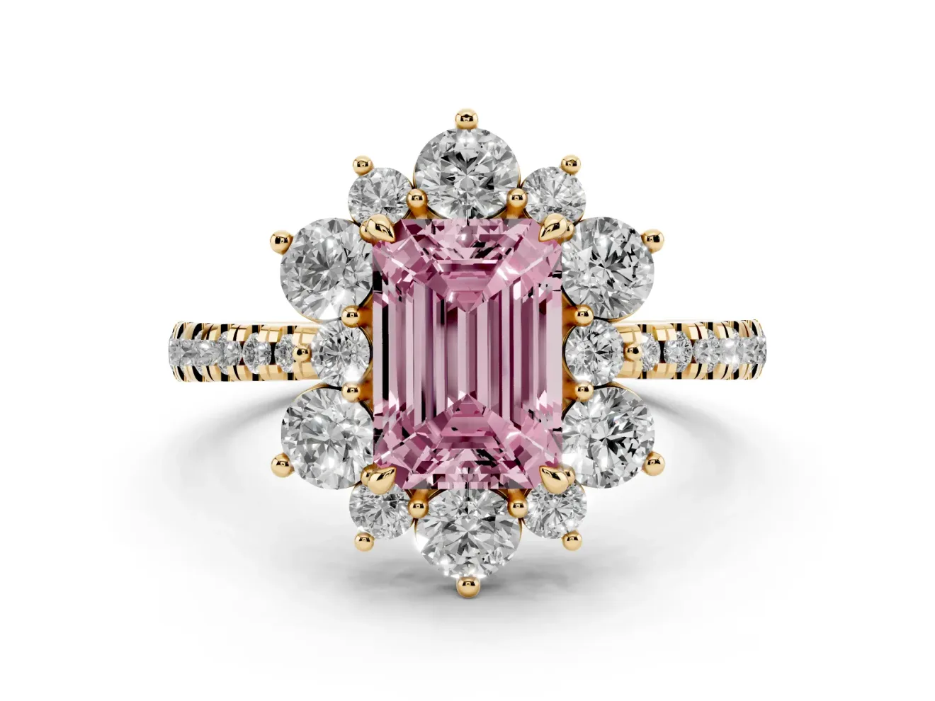 Fancy Pink Emerald Cut Diamond Floral Halo Ring Set in Yellow gold with Round Pavé Band and Prong Setting