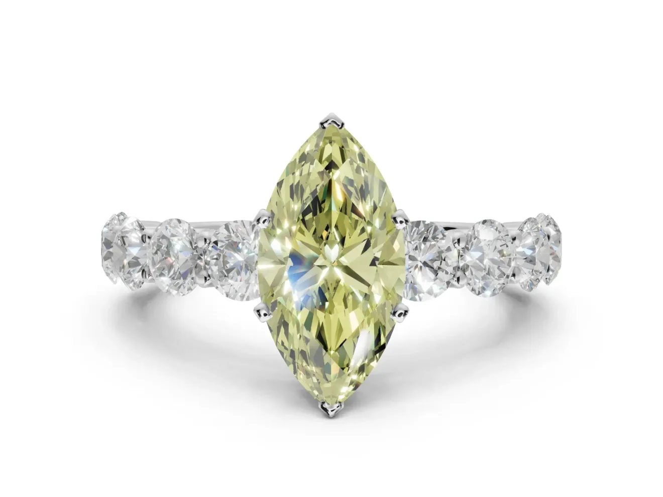 Marquise Side Stone Engagement Ring Setting for a Fancy Yellow Lab-Grown Diamond | Scalloped Prong Accents | White Gold
