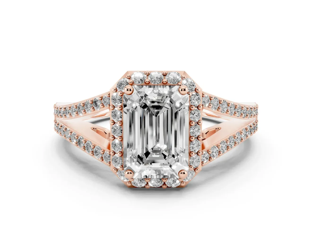 Emerald Cut Halo Engagement Ring Setting | V-Split Pavé Band | Rose Gold