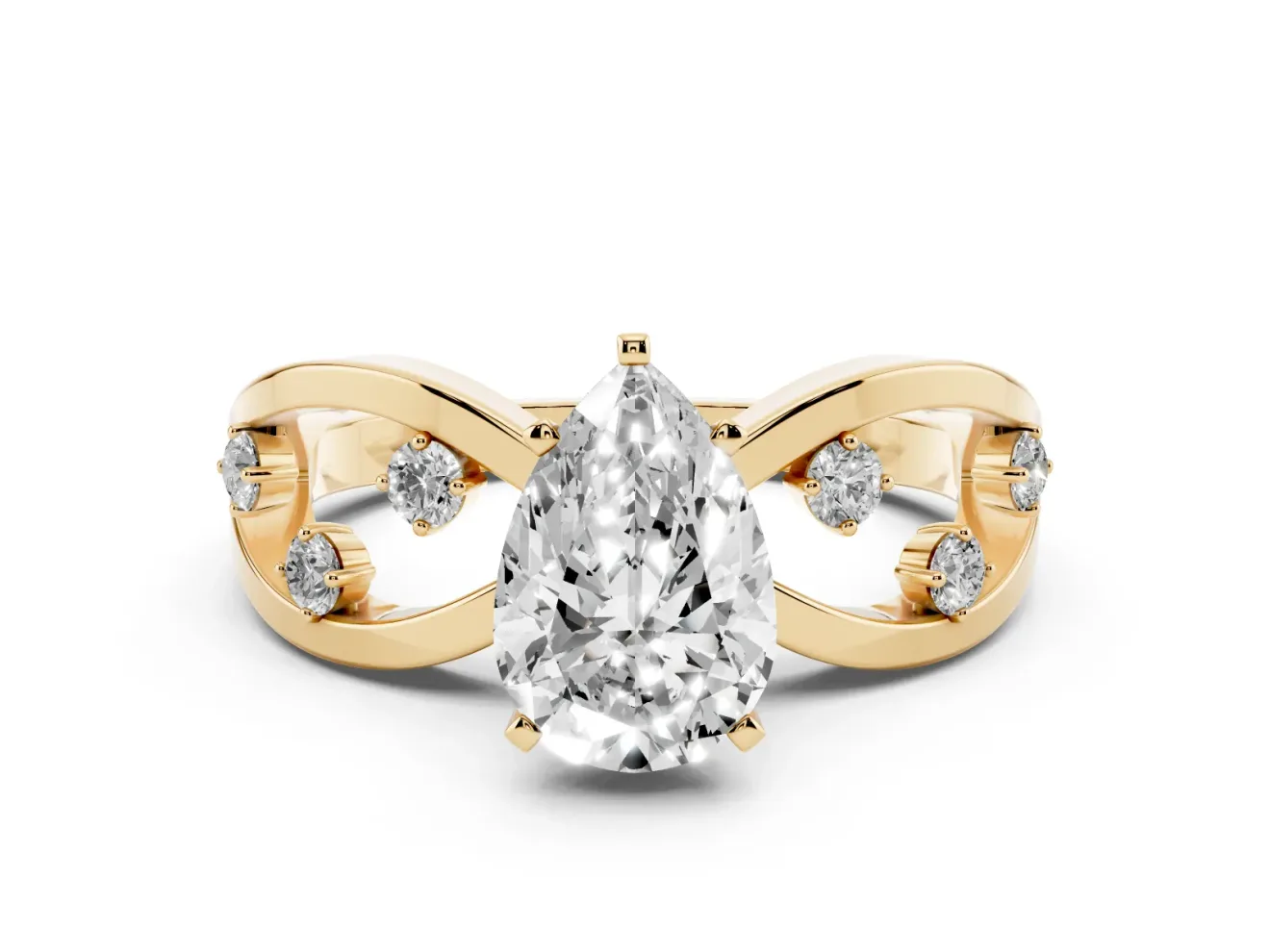 Pear Cut Diamond Solitaire Ring Set in Yellow gold with Side Stones on Criss-Cross Band and Prong Setting