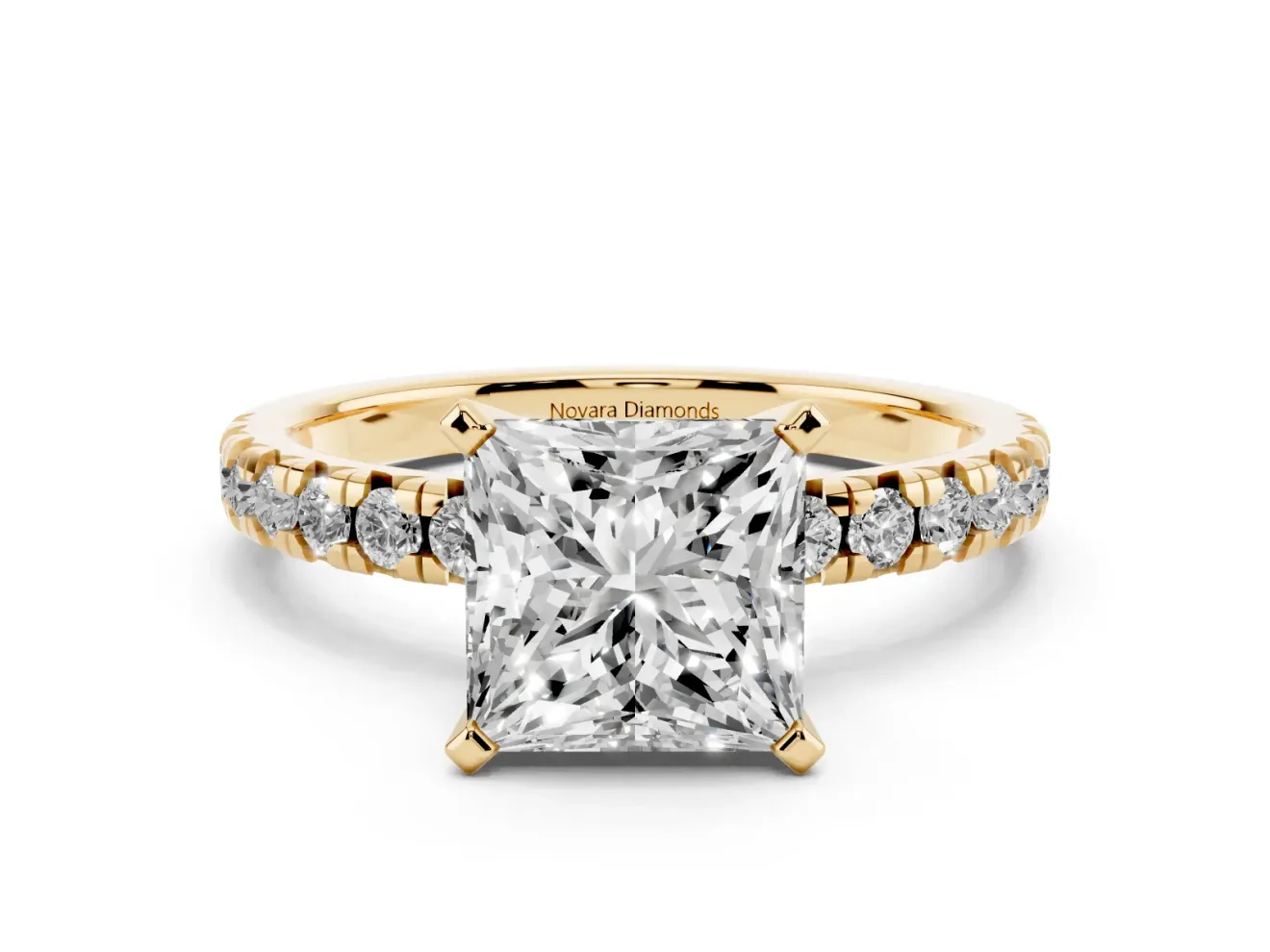 Princess Cut Diamond Solitaire Pavé Engagement Ring Set in Yellow gold with Round Band and Prong Setting