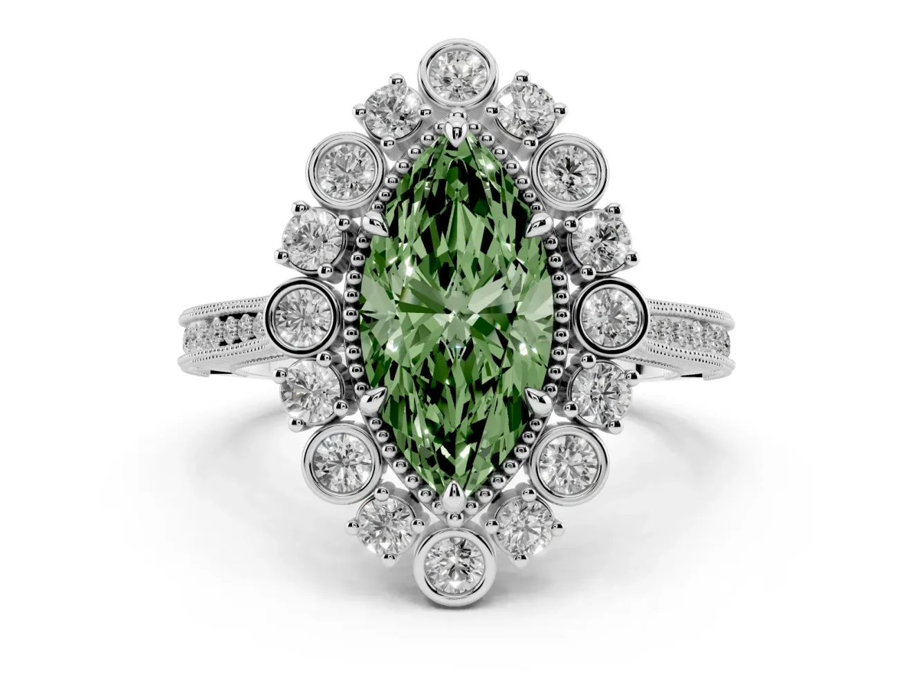 Fancy Green Marquise Cut Diamond Halo Milgrain Pavé Ring Set in White gold with Prong Setting