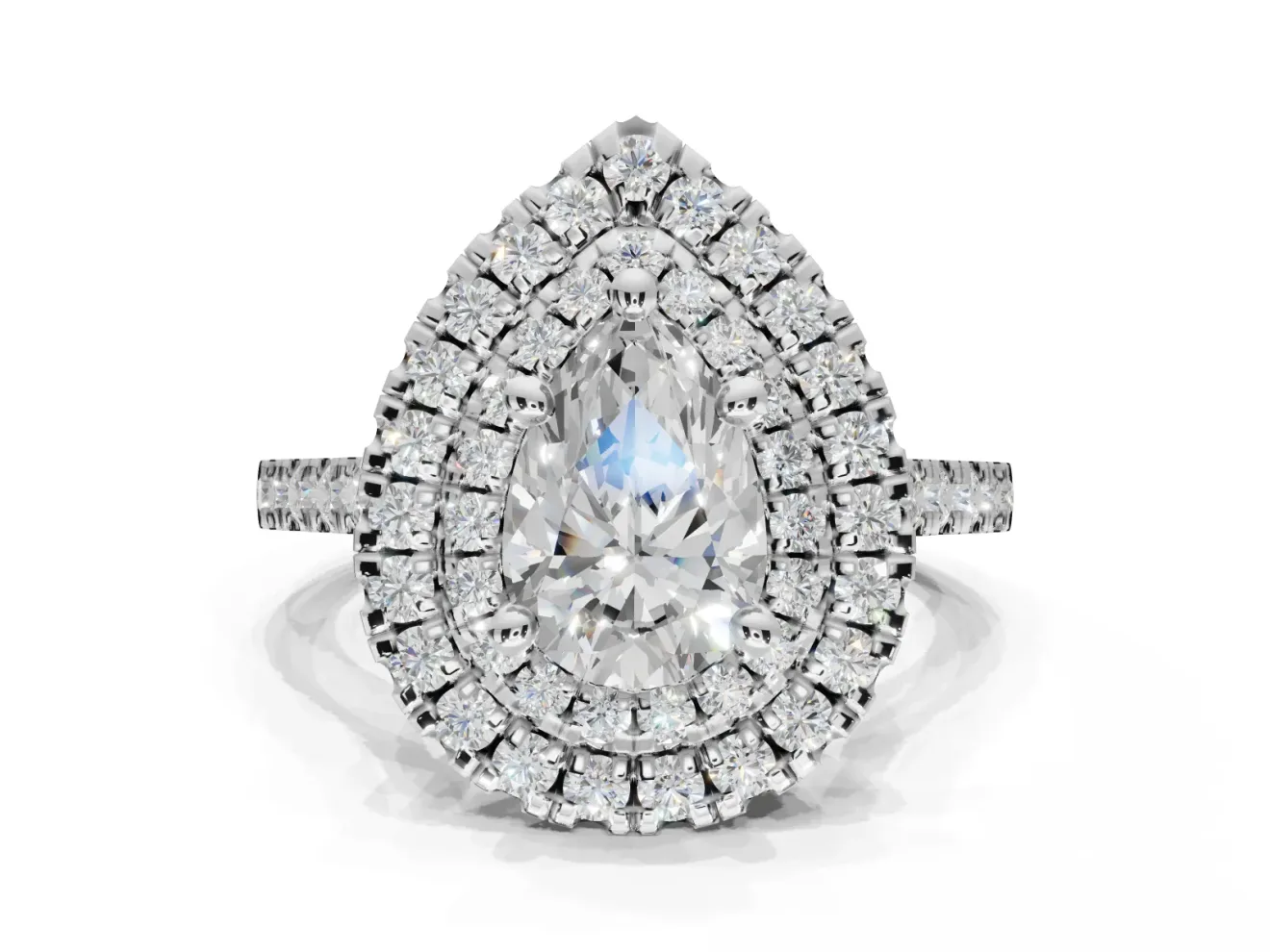 Pear-Shaped Lab-Grown Diamond Double Halo Statement Ring Set in Sterling Silver with Pavé Band