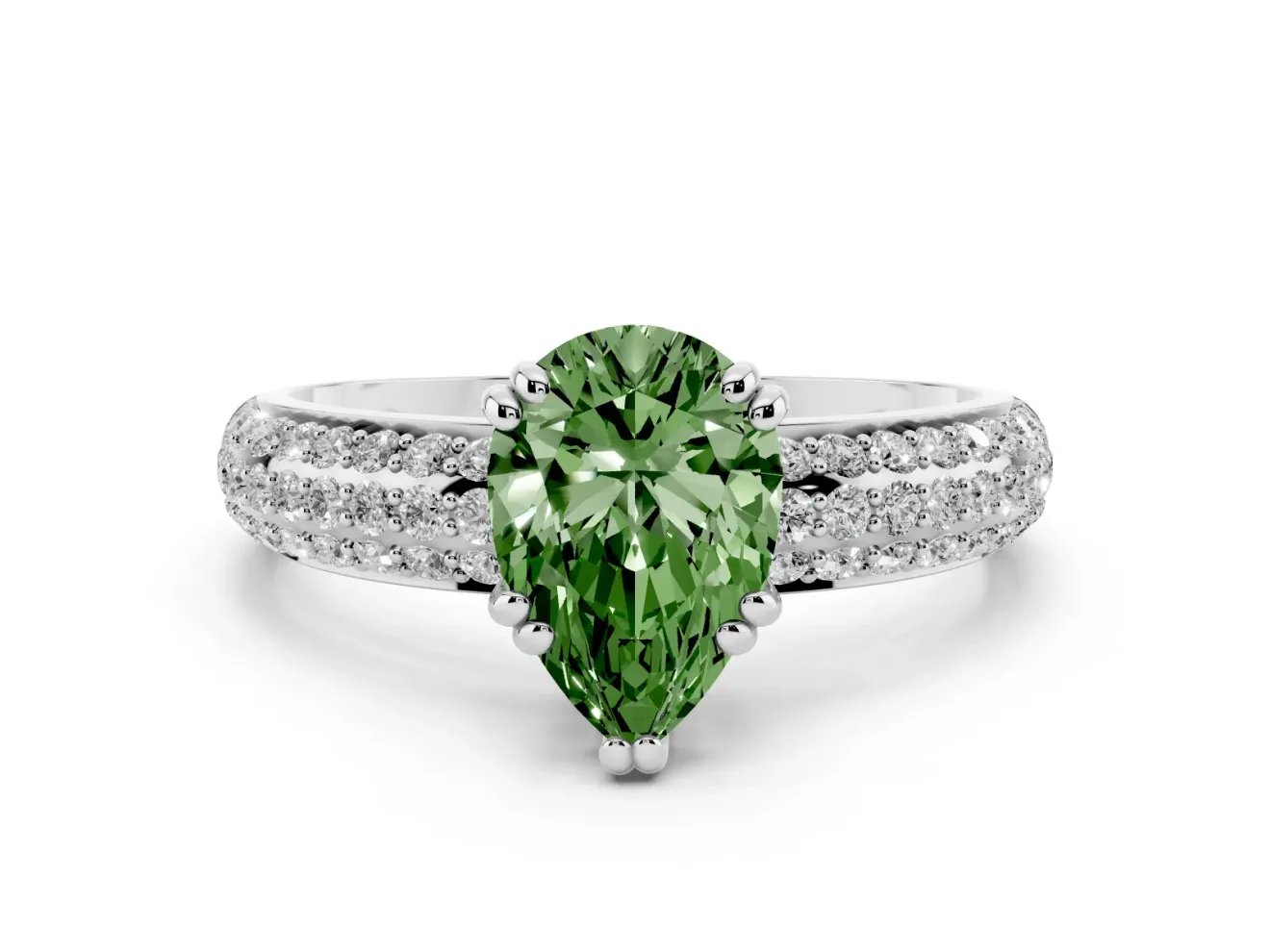 Pear-Shaped Three Row Pave Engagement Ring Setting for a Fancy Green Lab-Grown Diamond | Double Claws | Sterling Silver