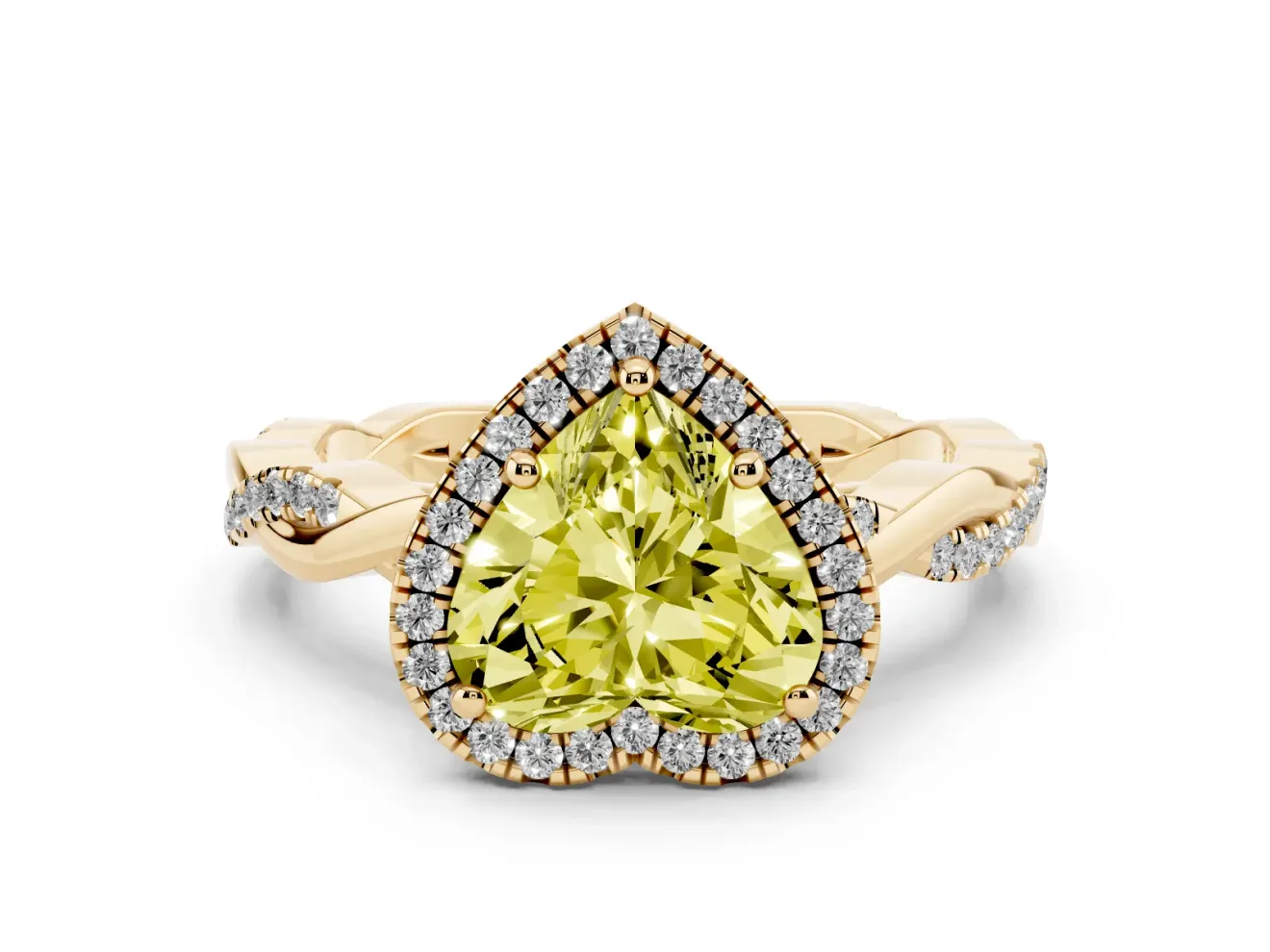 Fancy Yellow Heart Cut Diamond Halo Twisted Band Ring Set in Yellow gold with Prong Setting