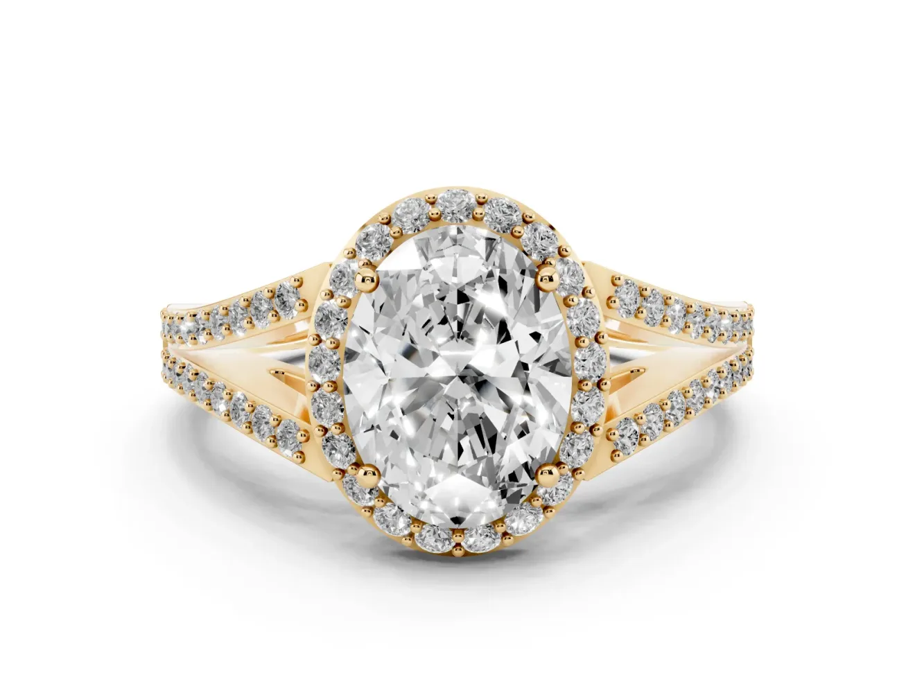 Oval Halo Engagement Ring Setting | V-Split Pavé Band | Yellow Gold