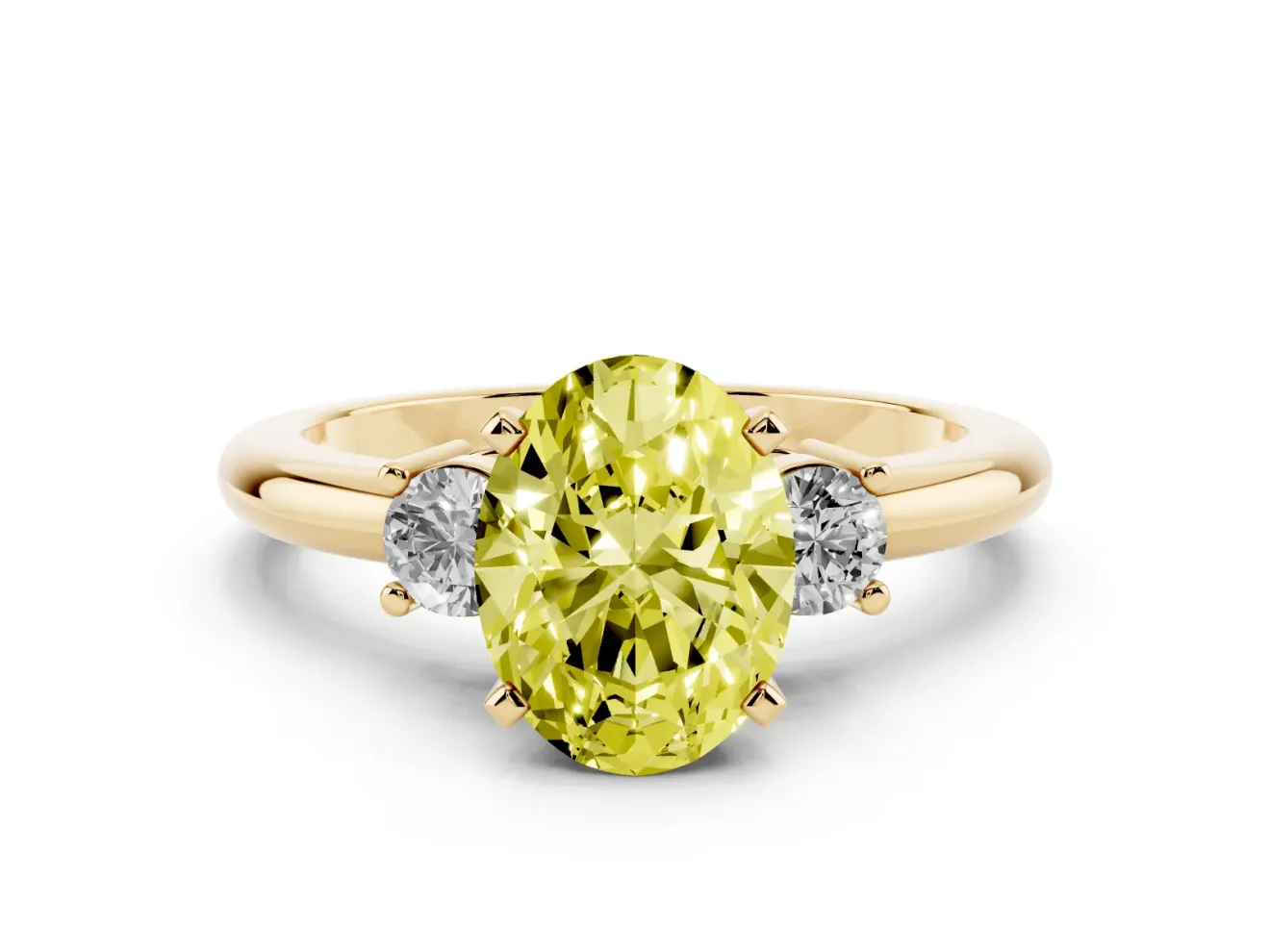 Oval Three Stone Engagement Ring Setting for a Fancy Yellow Lab-Grown Diamond | Round Side Stones | Yellow Gold