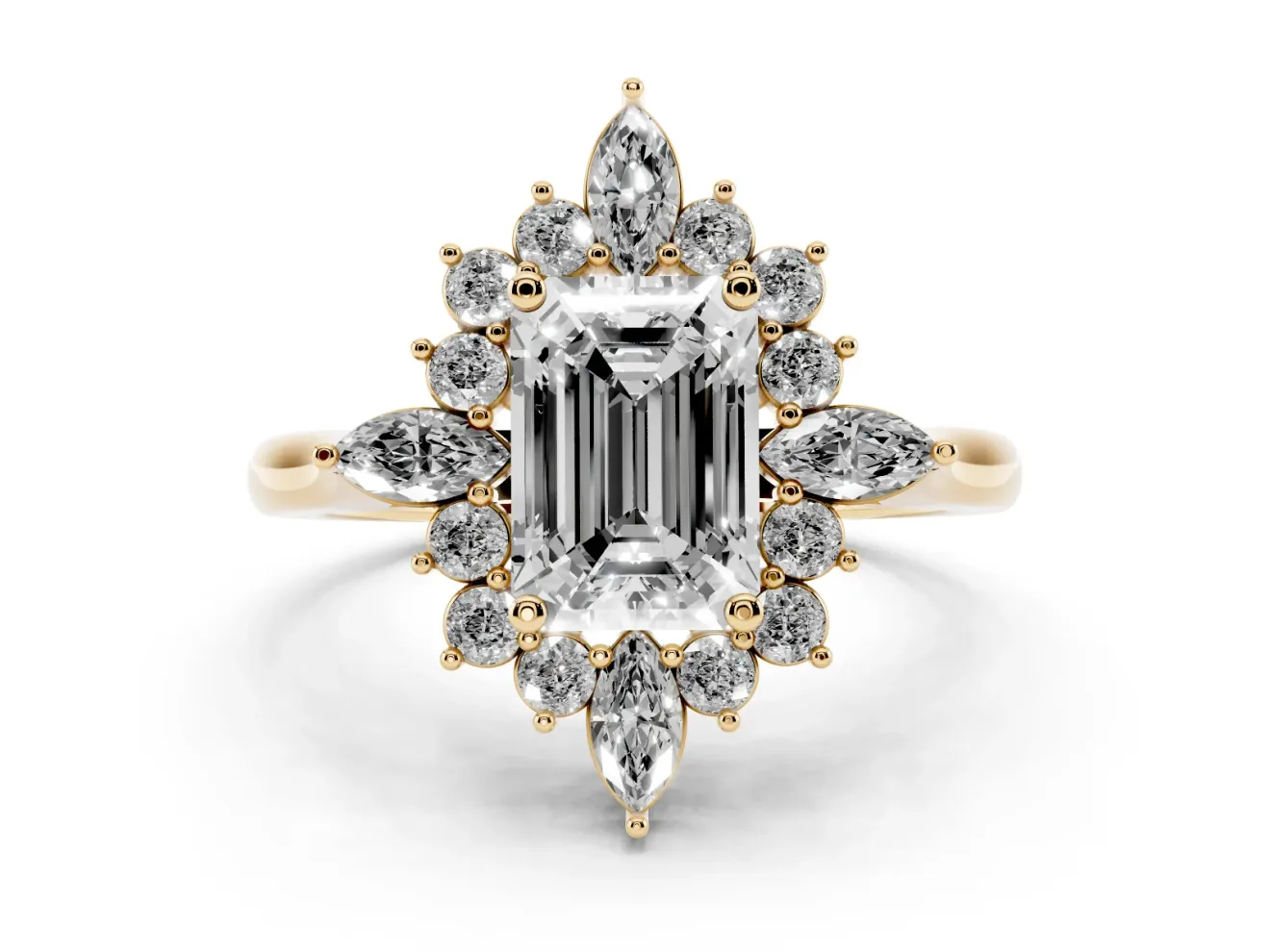 Emerald Cut Cluster Halo Engagement Ring Setting | Yellow Gold