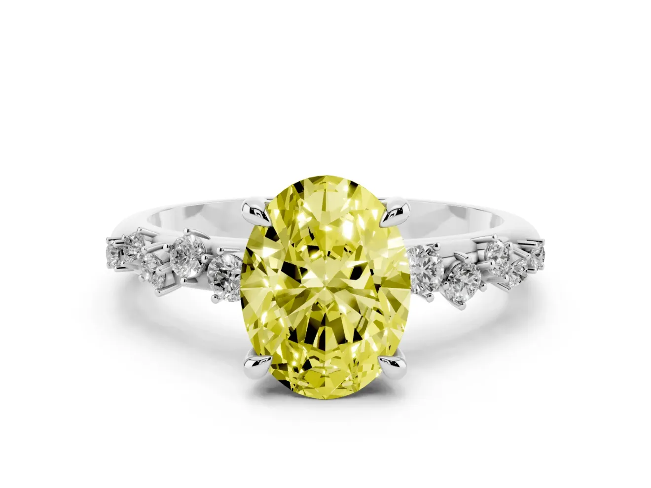 Fancy Yellow Oval Cut Diamond Solitaire Vine Band Ring Set in Platinum with Round Accents and Prong Setting