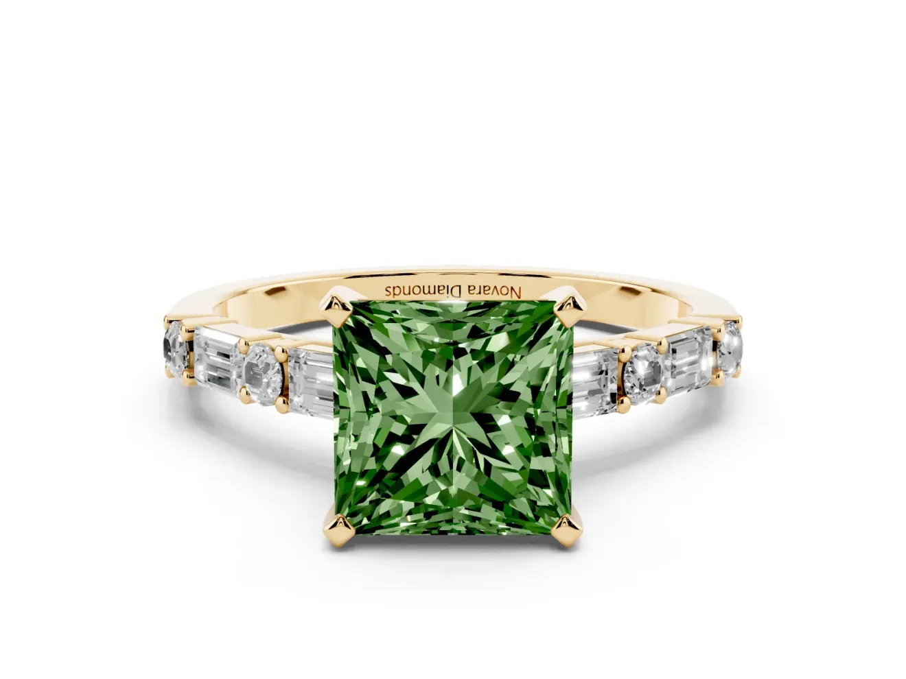 Princess Cut Baguette Side Stone Engagement Ring Setting for a Fancy Green Lab-Grown Diamond | Yellow Gold