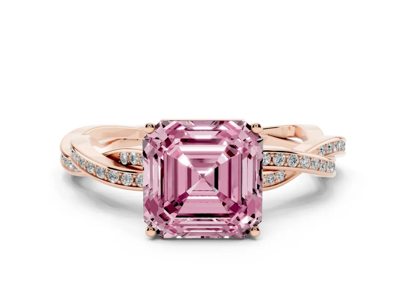 Asscher Cut Twisted Pavé Solitaire Engagement Ring Setting for a Fancy Pink Lab-Grown Diamond | Open Basket | Rose Gold