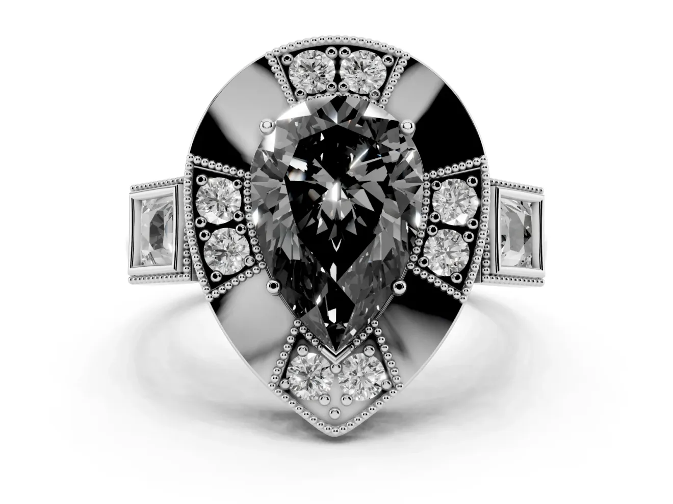 Pear-Shaped Milgrain Sectioned Halo Engagement Ring Setting for a Black Center | Platinum