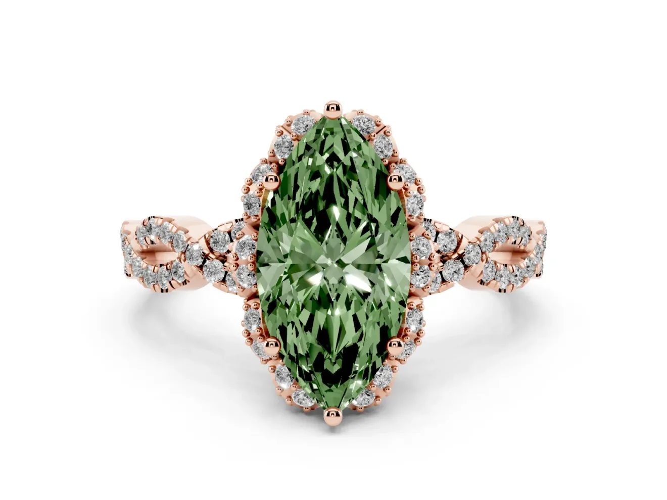 Marquise Milgrain Halo Engagement Ring Setting for a Fancy Green Lab-Grown Diamond | Graduated Shoulders | Rose Gold