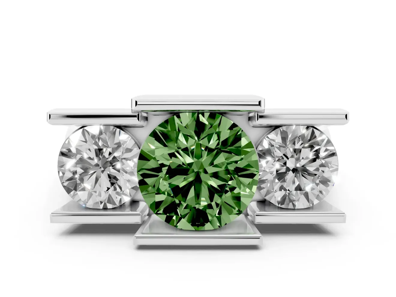 Fancy Green Round Cut Diamond Three-Stone Channel Set Ring Set in White gold with Smooth Polished Band