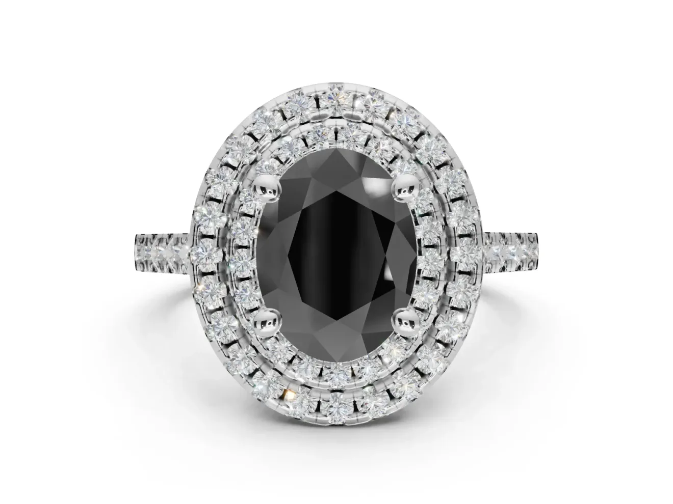 Oval Double Halo Engagement Ring Setting for a Black Center | Pavé Shoulders | Sterling Silver
