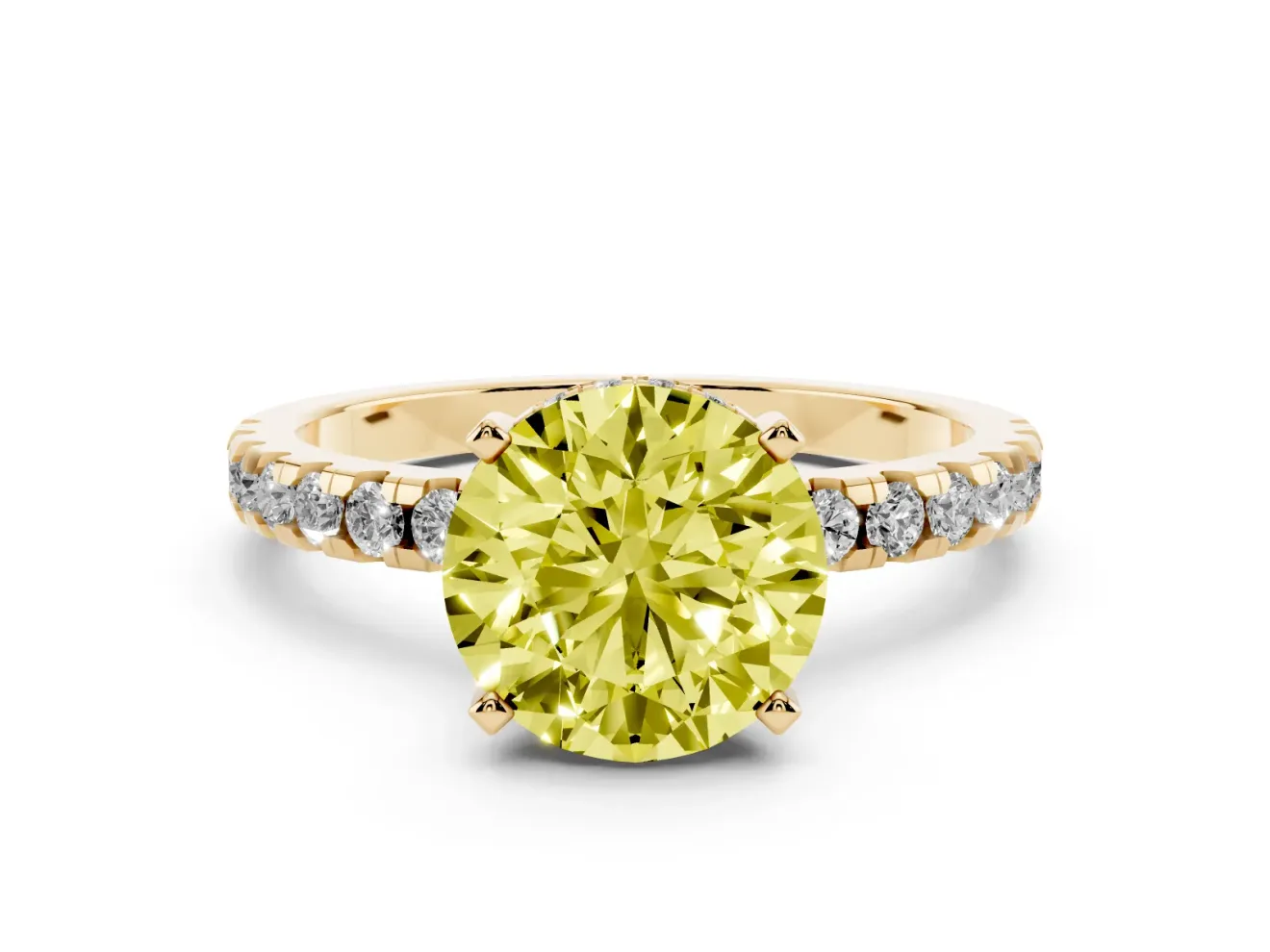 Round Hidden Halo Solitaire Engagement Ring Setting for a Fancy Yellow Lab-Grown Diamond | Pave Band | Yellow Gold