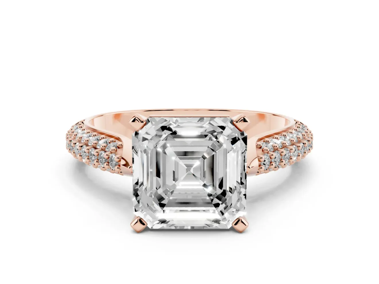 Asscher Cut Diamond Solitaire Engagement Ring Set in Rose gold with Multi-Row Round Pavé Band and Prong Setting
