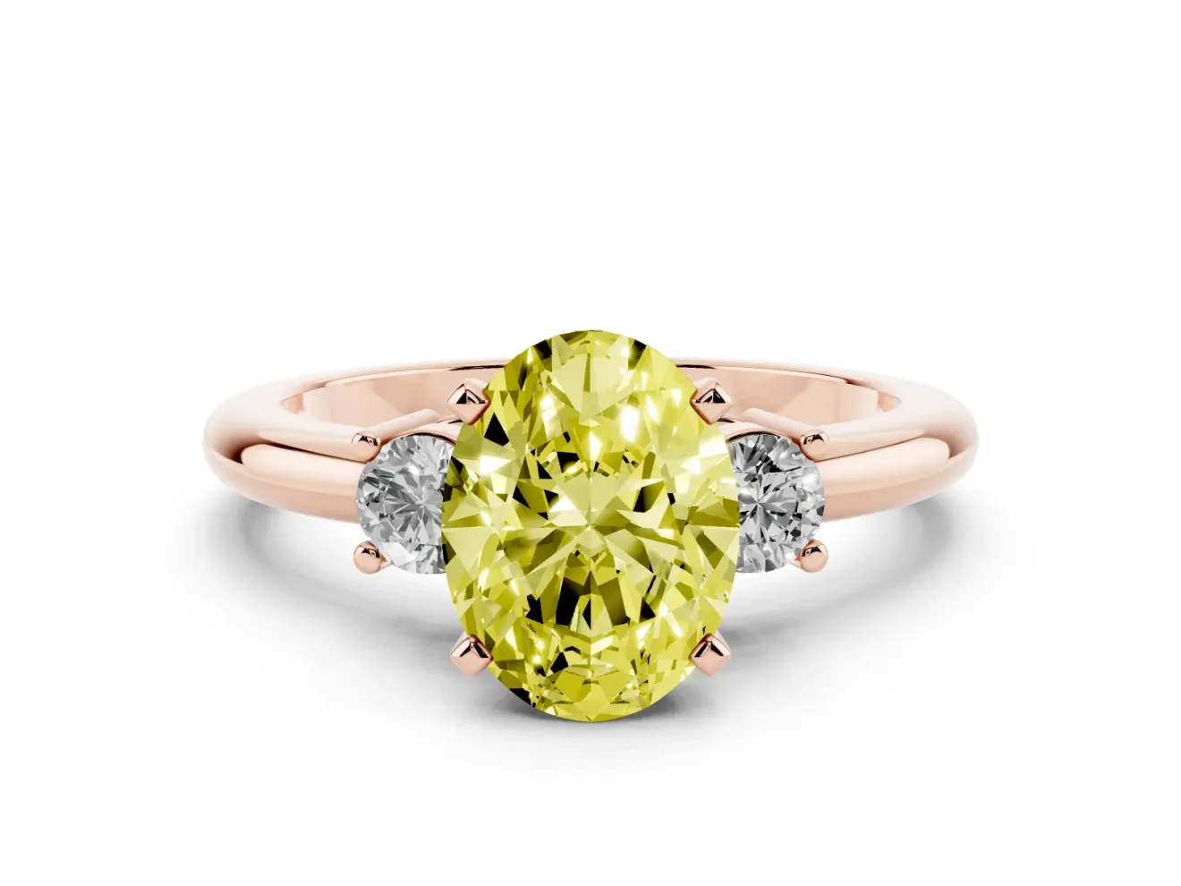 Oval Three Stone Engagement Ring Setting for a Fancy Yellow Lab-Grown Diamond | Round Side Stones | Rose Gold