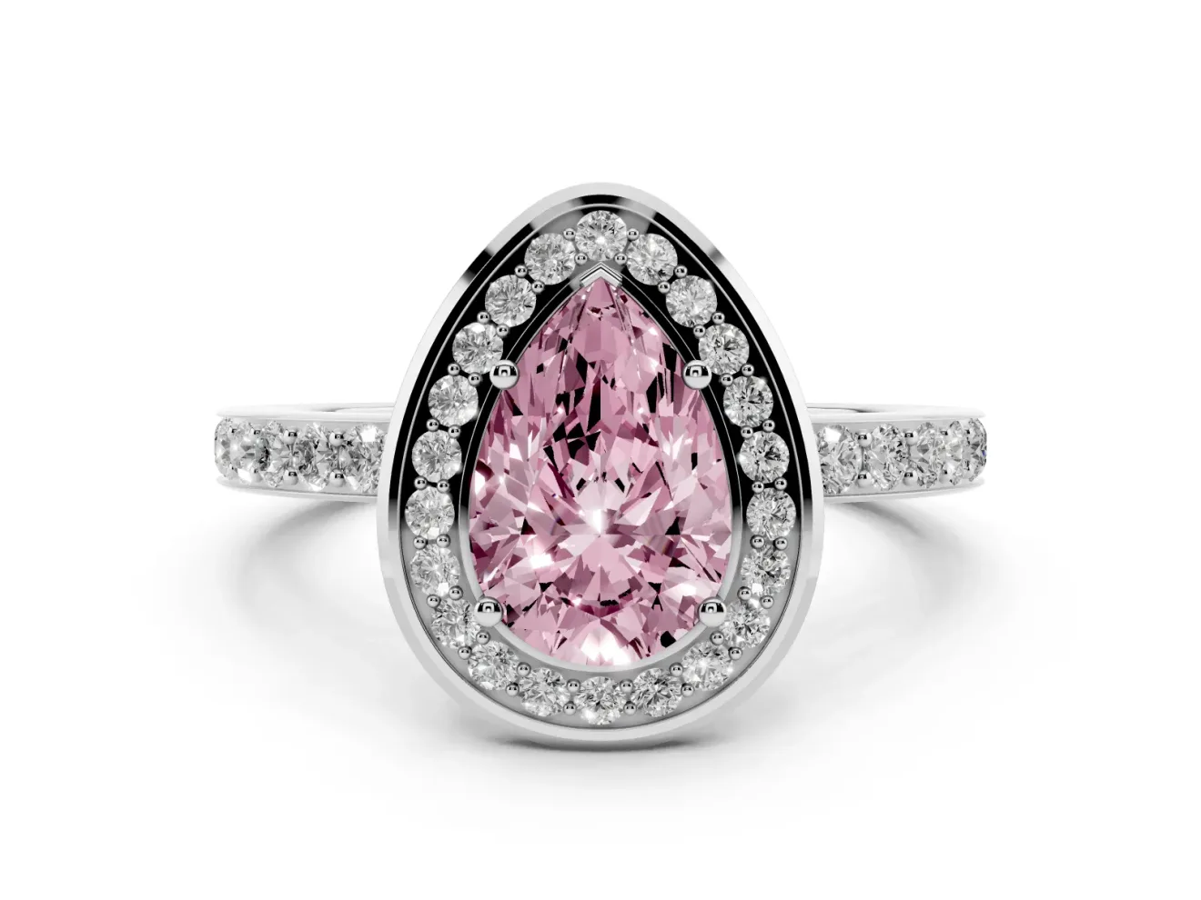 Fancy Pink Pear Cut Diamond Halo Ring Set in Silver with Bezel Frame and Pavé Band